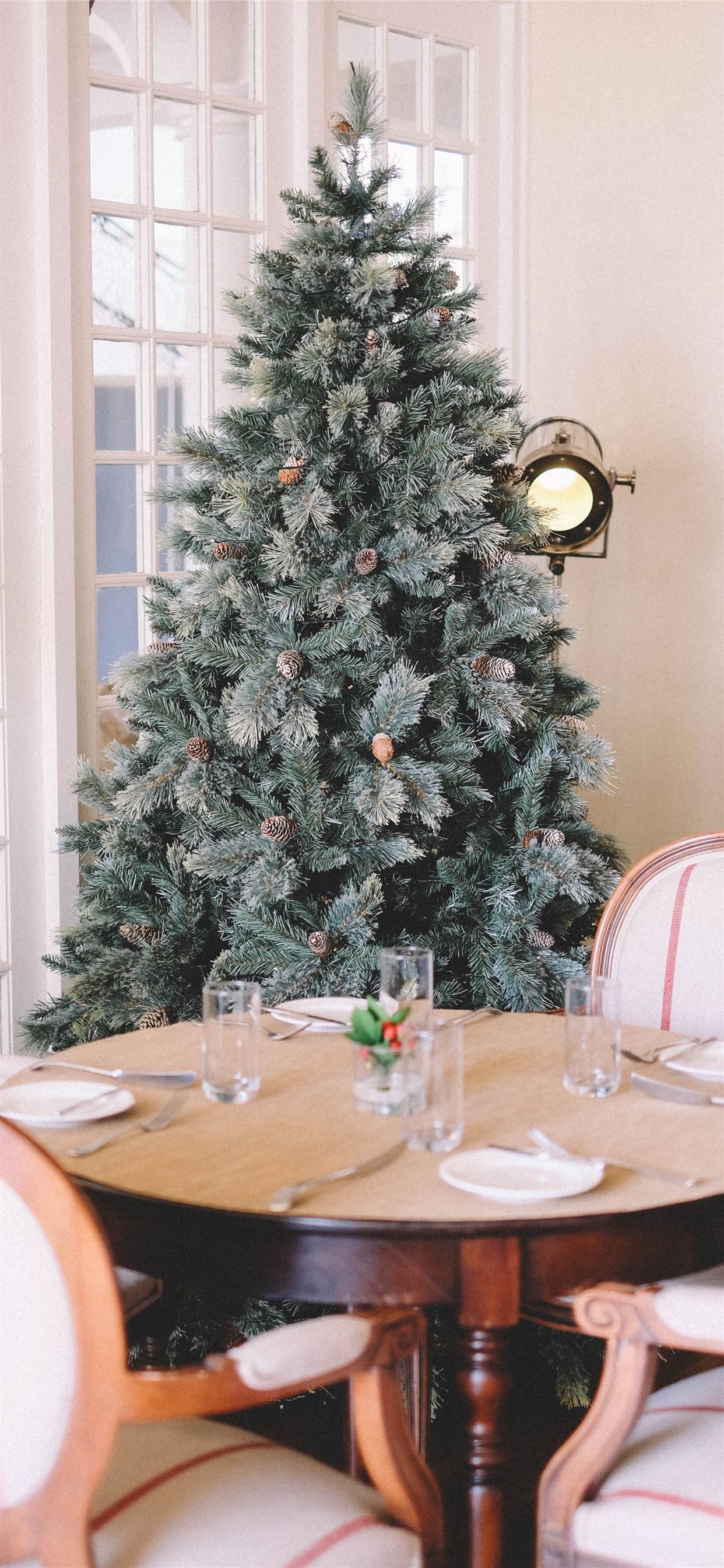 pre lit tree behind dining set iPhone X Wallpaper Free Download