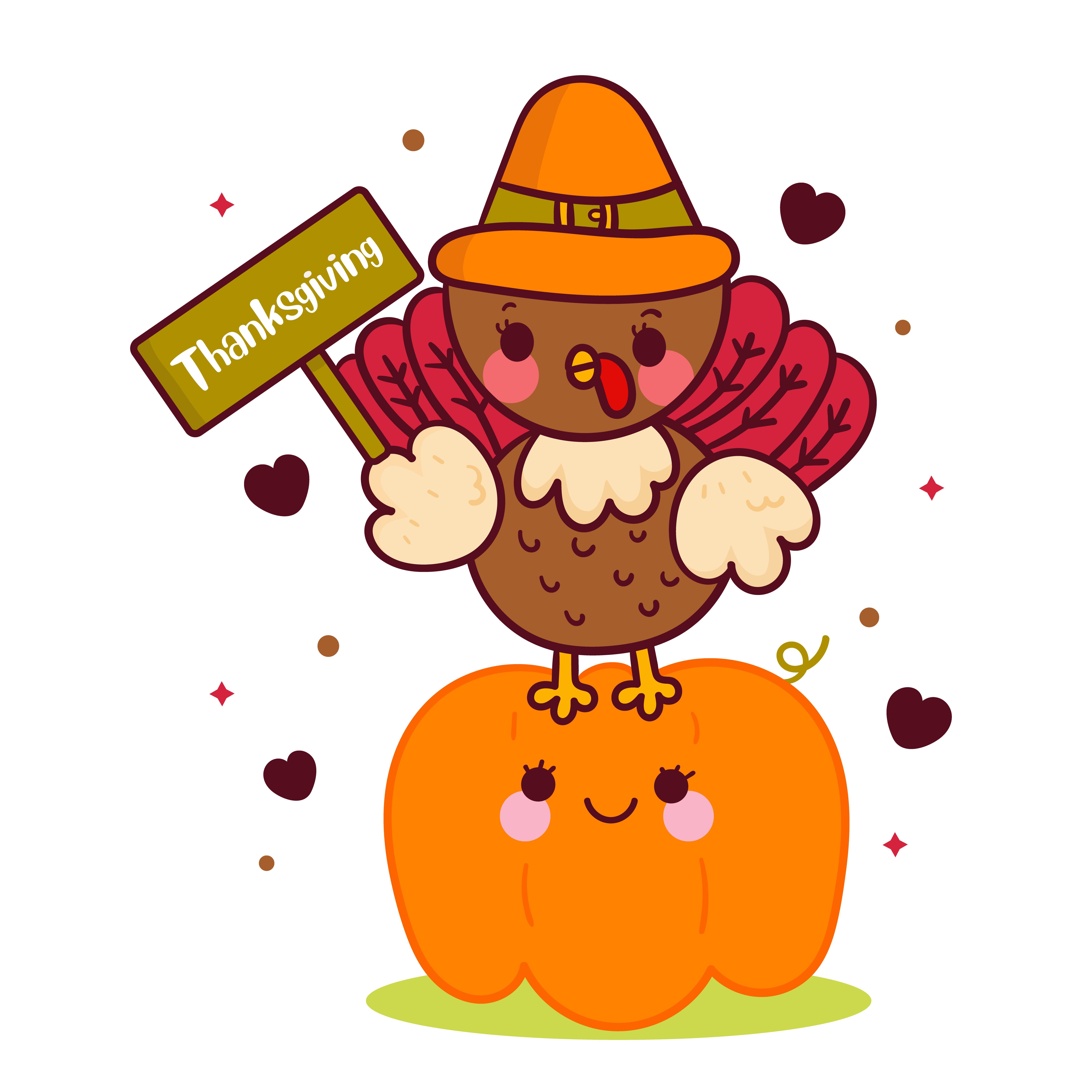 Cute Turkey thanksgiving cartoon with pumpkin (Illustration), Kawaii animal vector, series: happy. Thanksgiving cartoon, Thanksgiving labels, Pumpkin illustration