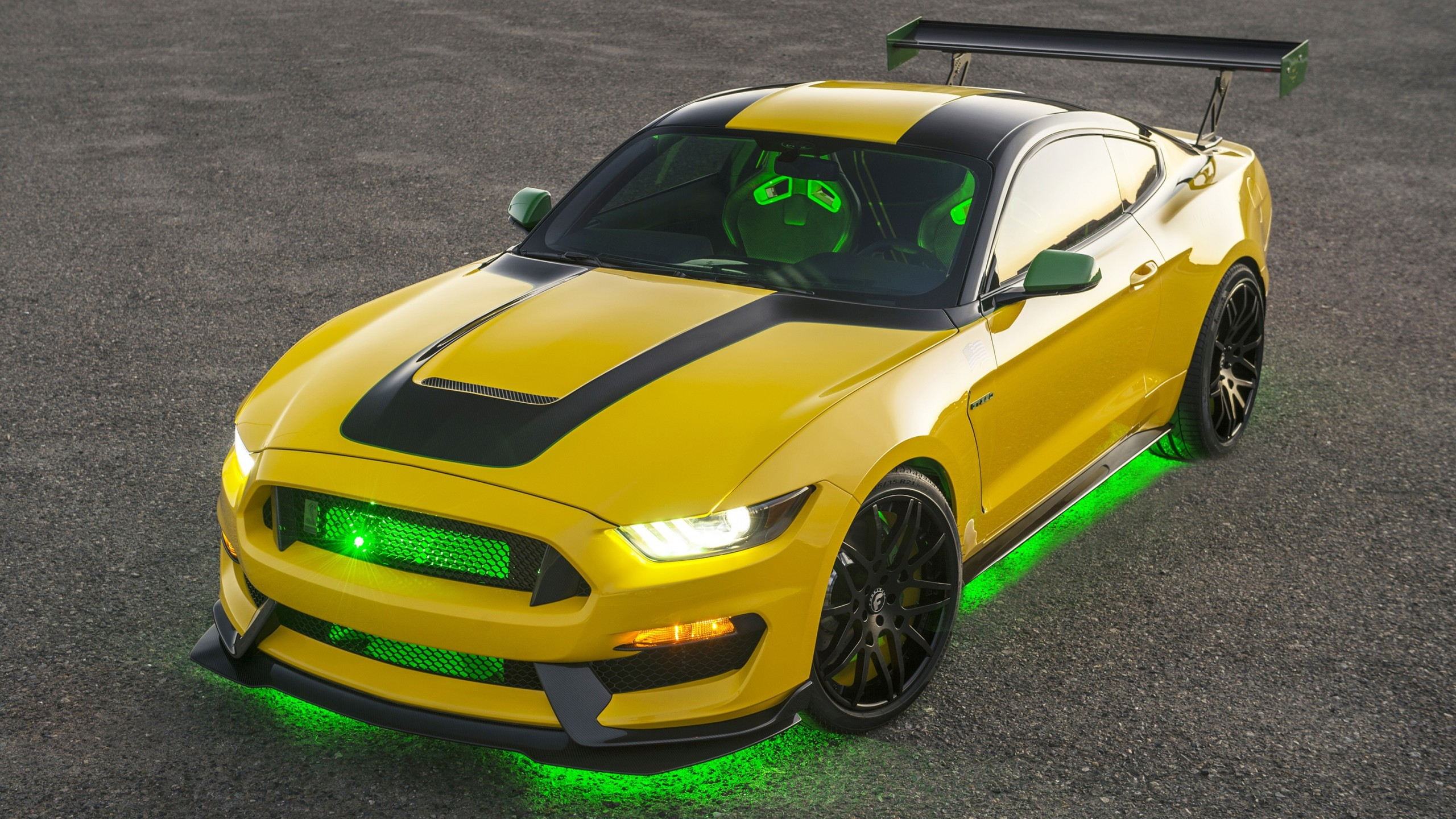 Download 2560x1440 Ford Mustang Shelby Gt Yellow, Neon Lights, Cars Wallpaper for iMac 27 inch