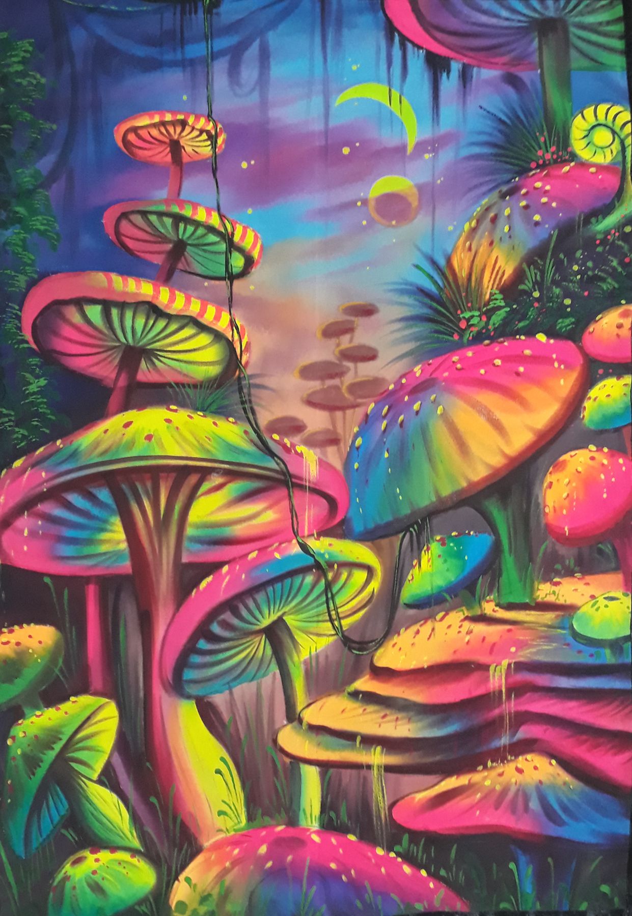 Mushrooms, Fluorescent painting, Glow in dark, UV Glow, Painting, Handmade painting. Trippy painting, Psychadelic art, Psychedelic drawings
