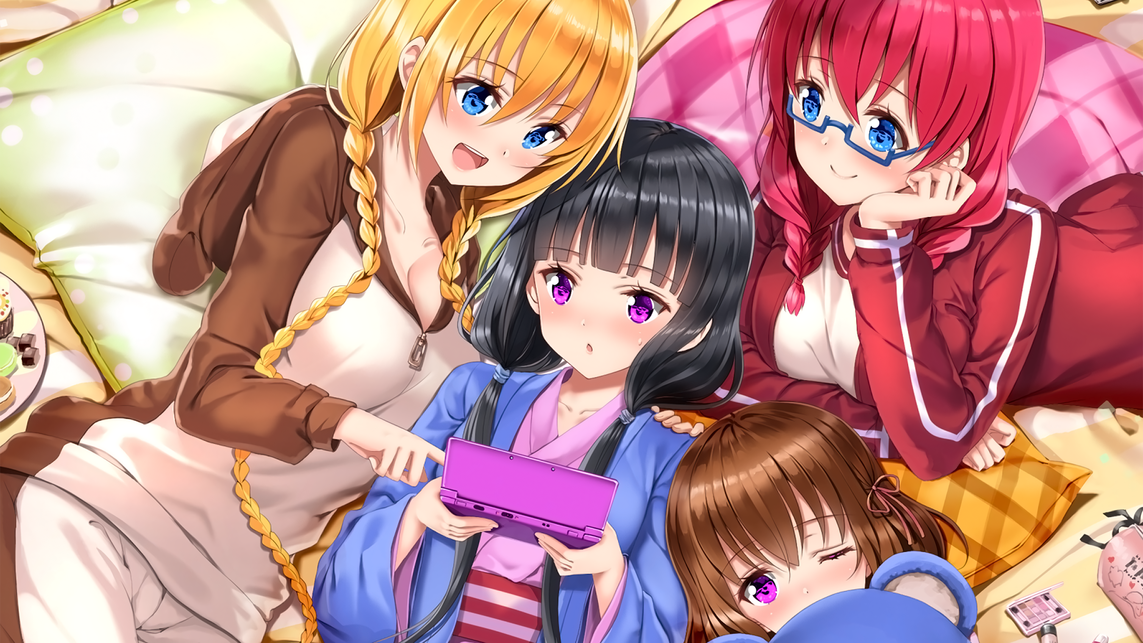 4K, White Skin, Sakuranomiya Maika, Anime, Yukata, BLEND S, Blue Eyes, Hinata Kaho, Fan Art, Hoshikawa Mafuyu, Anime Girls, Pyjamas, Purple Eyes, Blend S, Bed HD Wallpaper