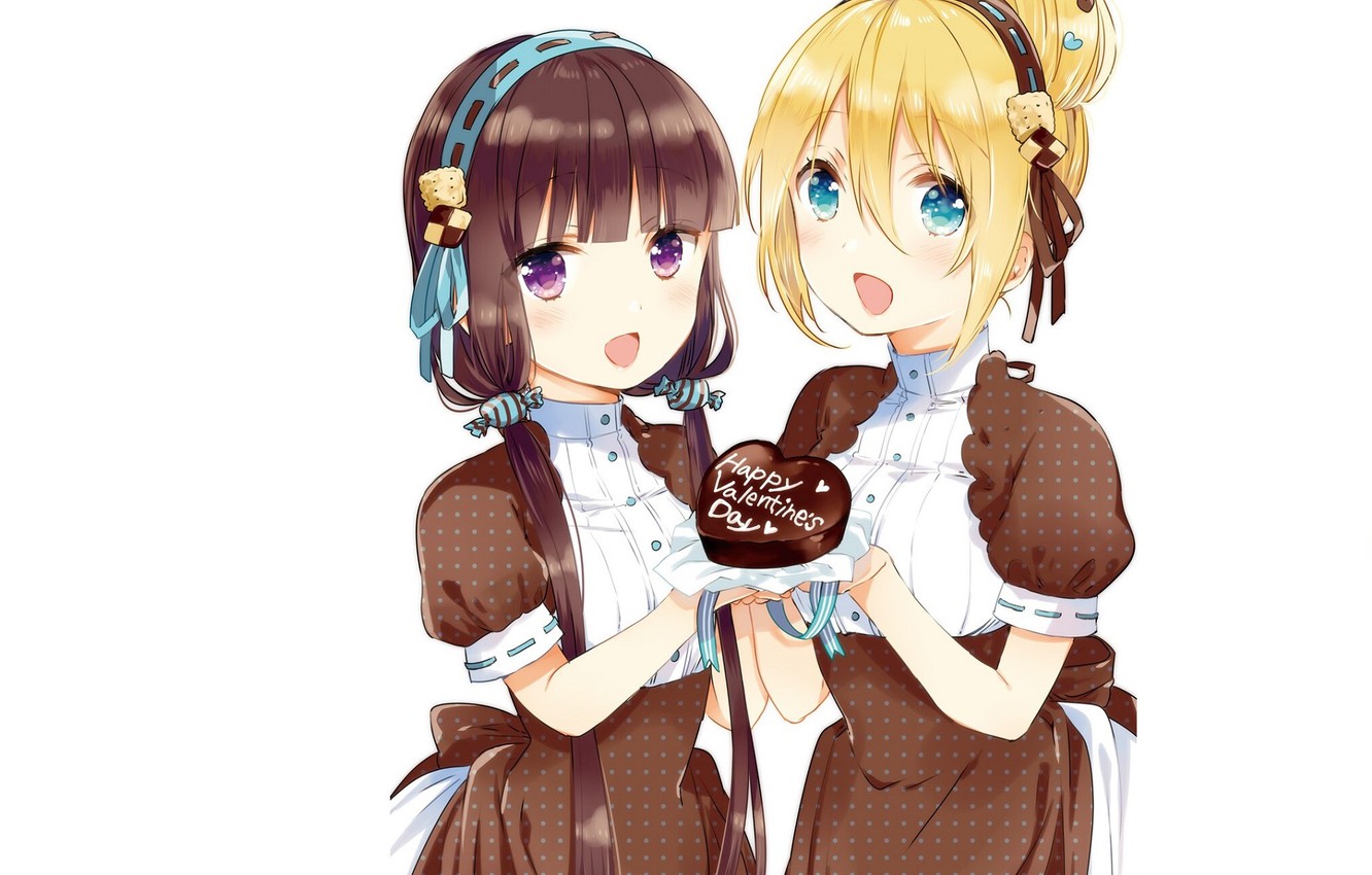 Wallpaper white background, blue eyes, friend, bezel, bangs, chocolate cake, two girls, happy valentine's day, Blend S, Maika Sakuranomiya, by Nakayama Miyuki, Kaho Hinata image for desktop, section сёдзё