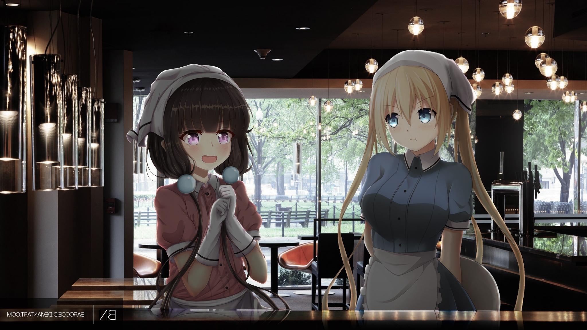 Wallpaper Blonde, Kaho Hinata, Coffee Shop, Maika Sakuranomiya, Blend S:2048x1152