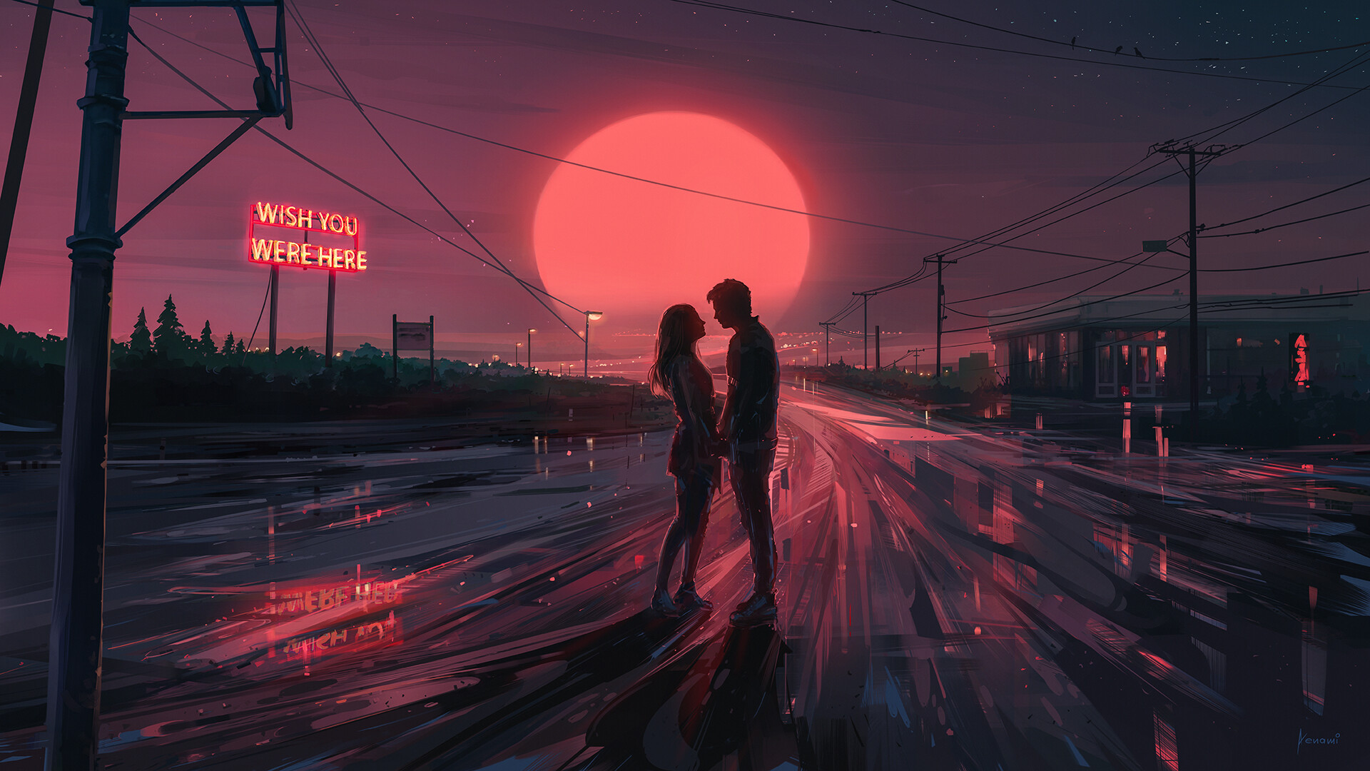 Digital Painting Romantic Night Couple Aenami Sunset Road Love Power Lines Neon Sign Wallpaper:1920x1080