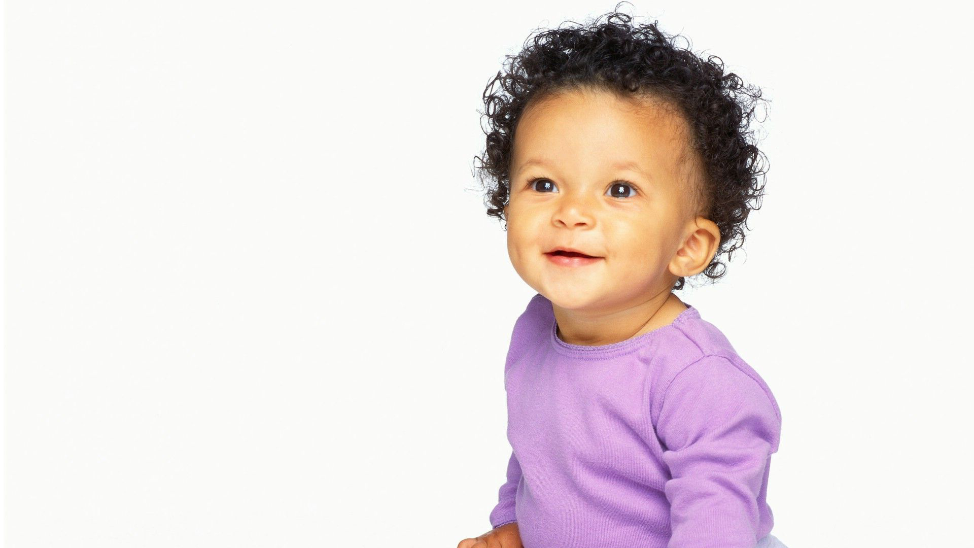 Smiley Curly Hair Baby Boy Is Wearing Purple Dress In White Background HD Cute Wallpaper