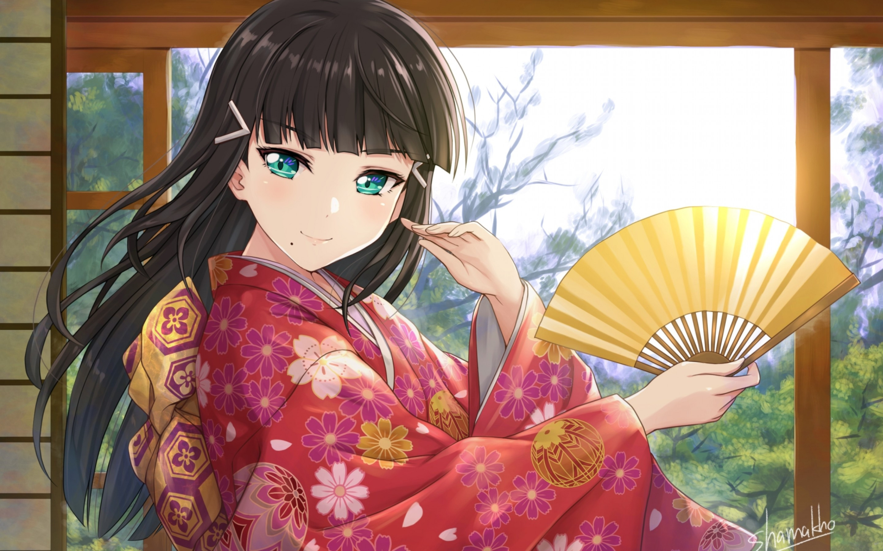 Download 2880x1800 Kurosawa Dia, Love Live Sunshine, Kimono, Brown Hair, Fan Wallpaper for MacBook Pro 15 inch