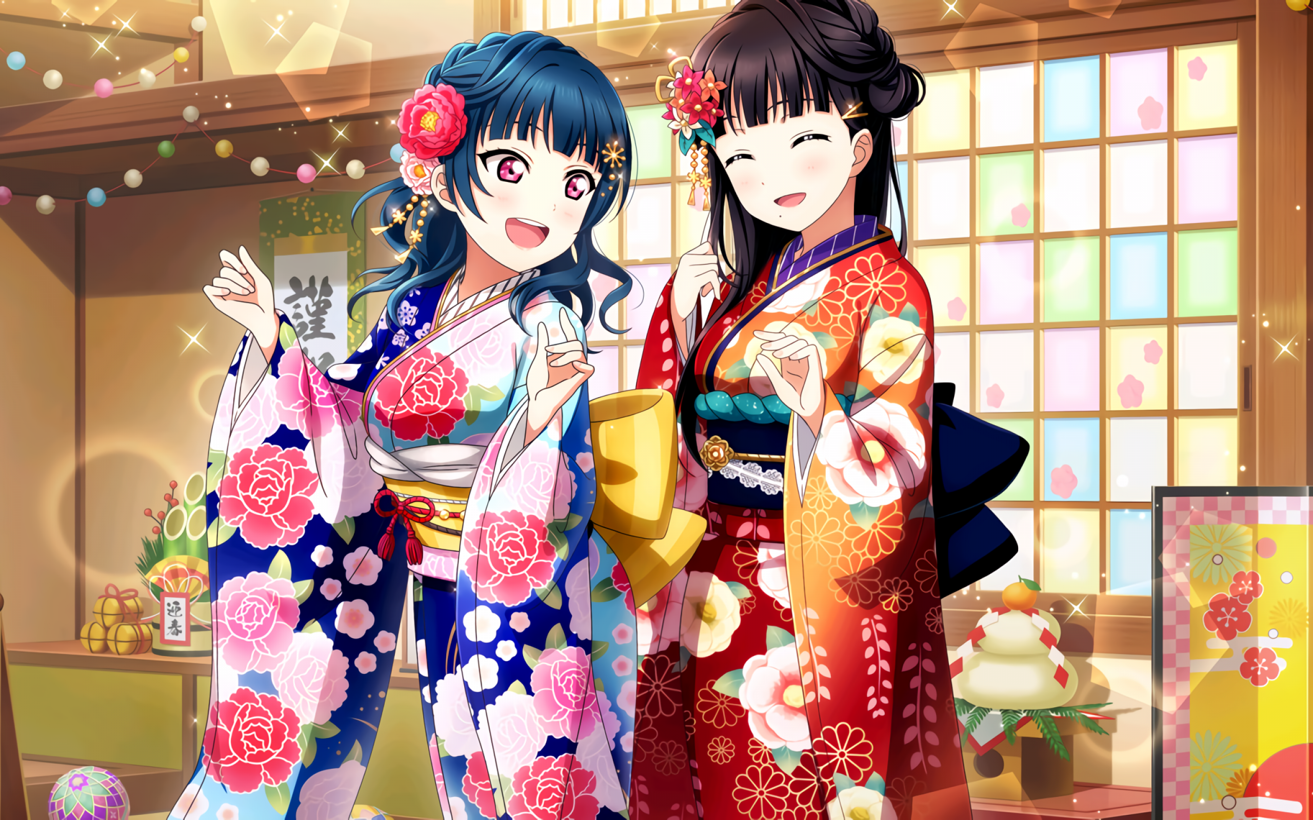 Download 2560x1600 Tsushima Yoshiko, Kurosawa Dia, Love Live Sunshine, Kimono, Smiling Wallpaper for MacBook Pro 13 inch