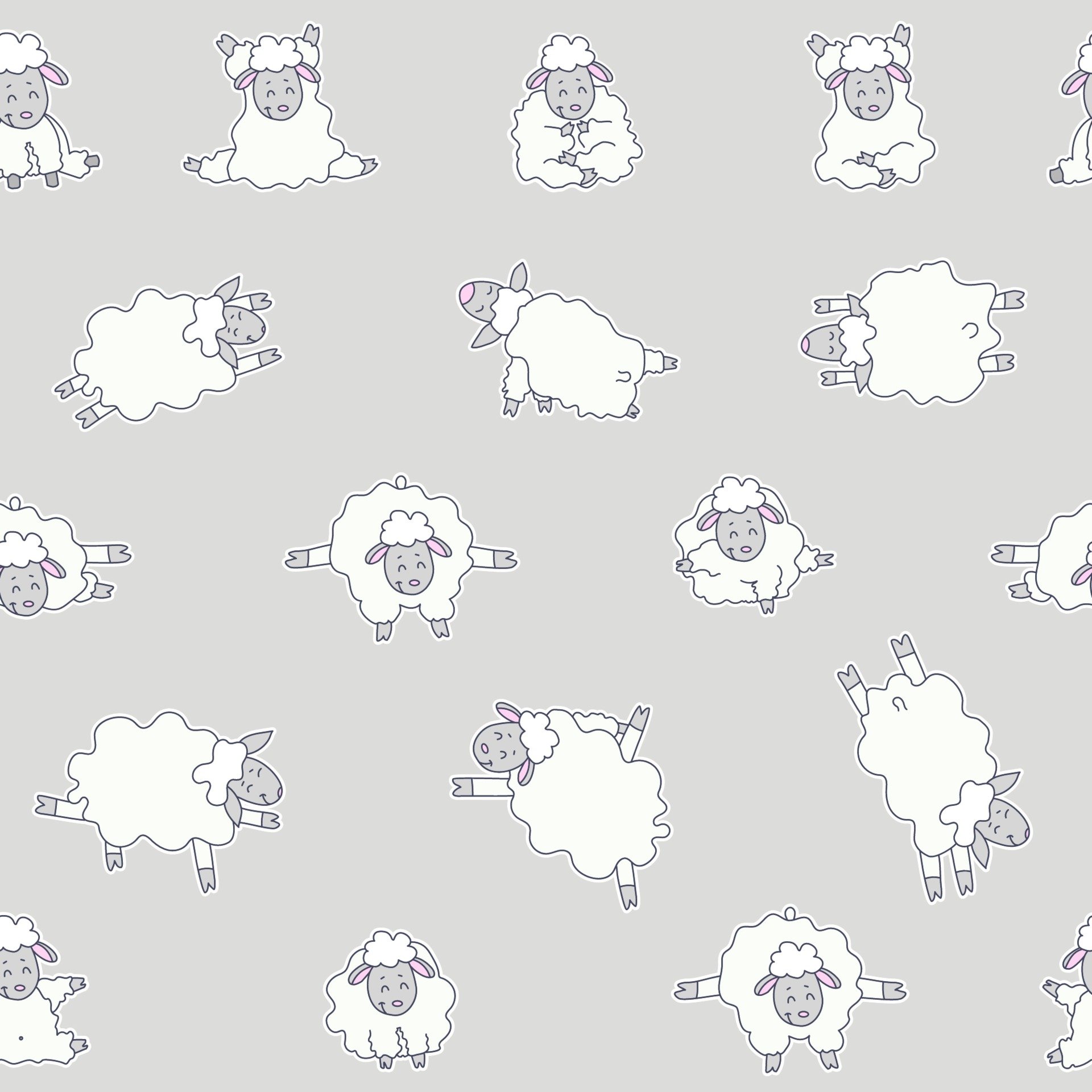 Seamless patterns. Yoga for animals. Sticker drawings of cute white sheep practicing meditation, standing asanas and sports. Vector on a gray background. For packaging, textiles, wallpaper