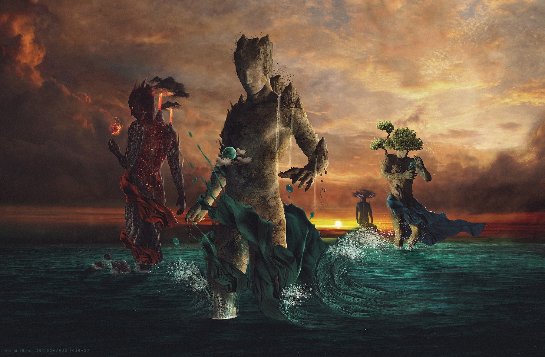 fantasy Art, Water, Fire, Sunset, Elements, Digital Art, Earth, Air Wallpaper HD / Desktop and Mobile Background
