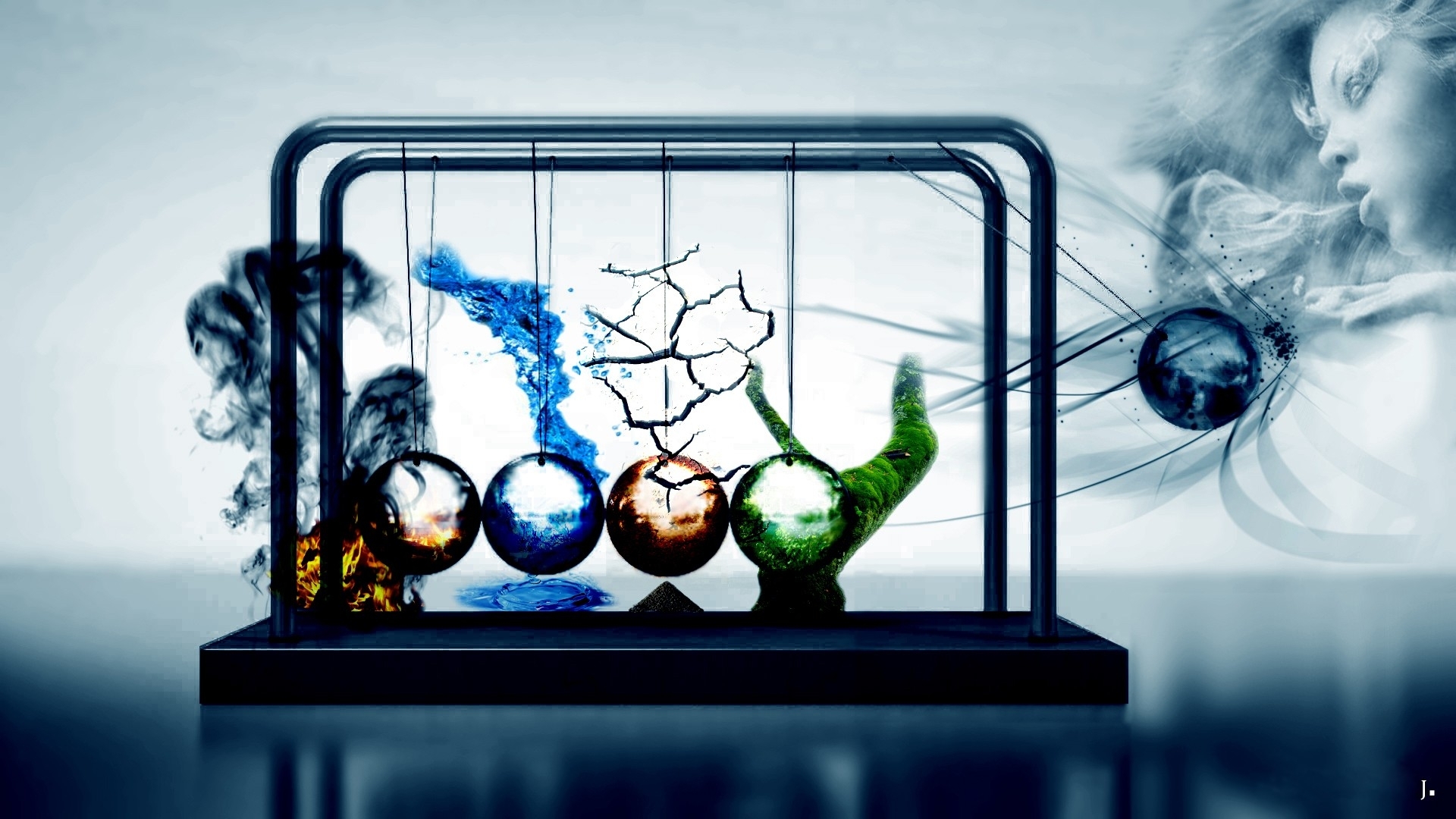 Water abstract wood fire earth elements digital art artwork newtons cradle air four elements cg fantasy wome female girl wind wallpaperx1080