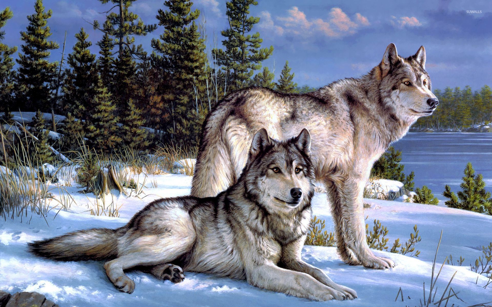 Wolves in snowy forest wallpaper Art wallpaper