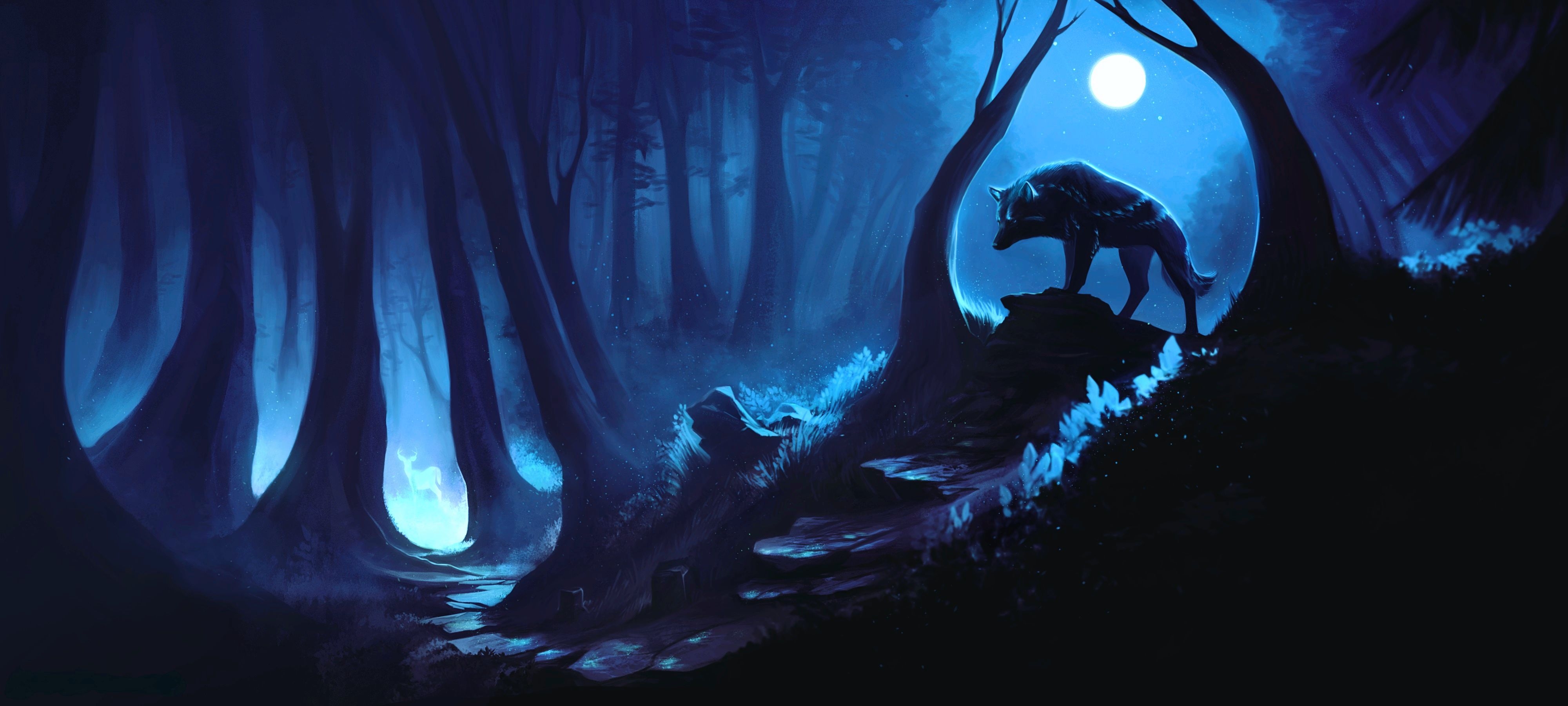 forest, wolf, moon, trees, art