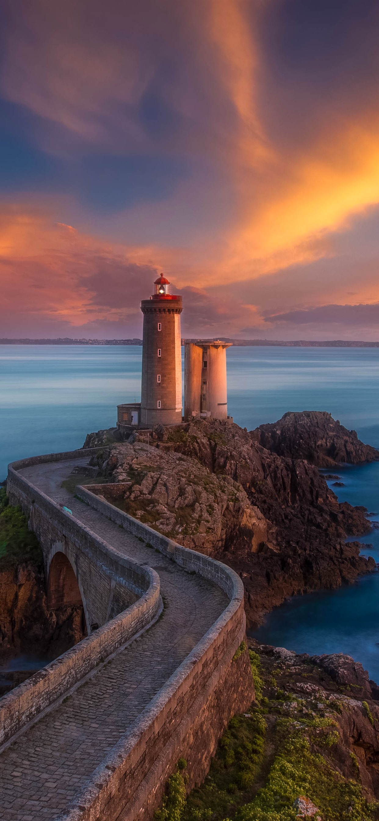 Wallpaper Brittany, France, lighthouse, bridge, sea, clouds, sunset 5120x2880 UHD 5K Picture, Image