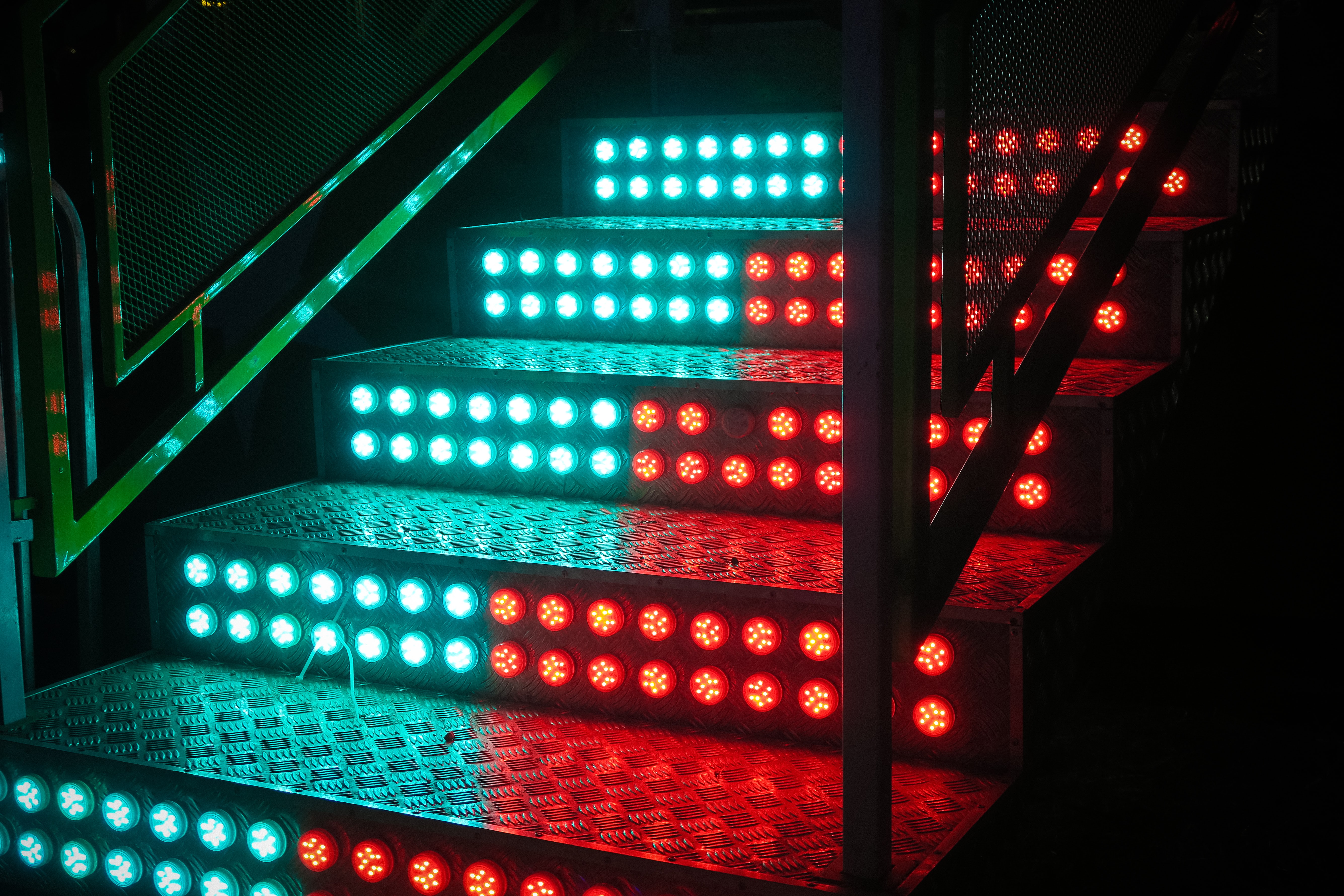 Staircase Wallpaper 4K, LED lights, Steps, Blue, Red, 5K, Photography