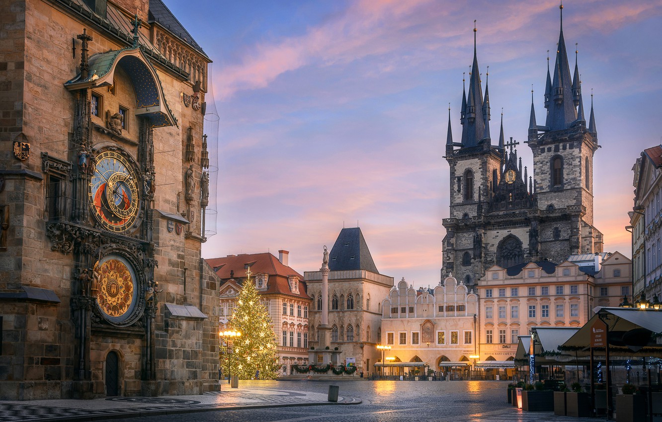Wallpaper the city, holiday, building, new year, home, Christmas, Prague, Czech Republic, temple, tree, Old town square, Denis Poltoranin, Полтораднев Денис image for desktop, section город