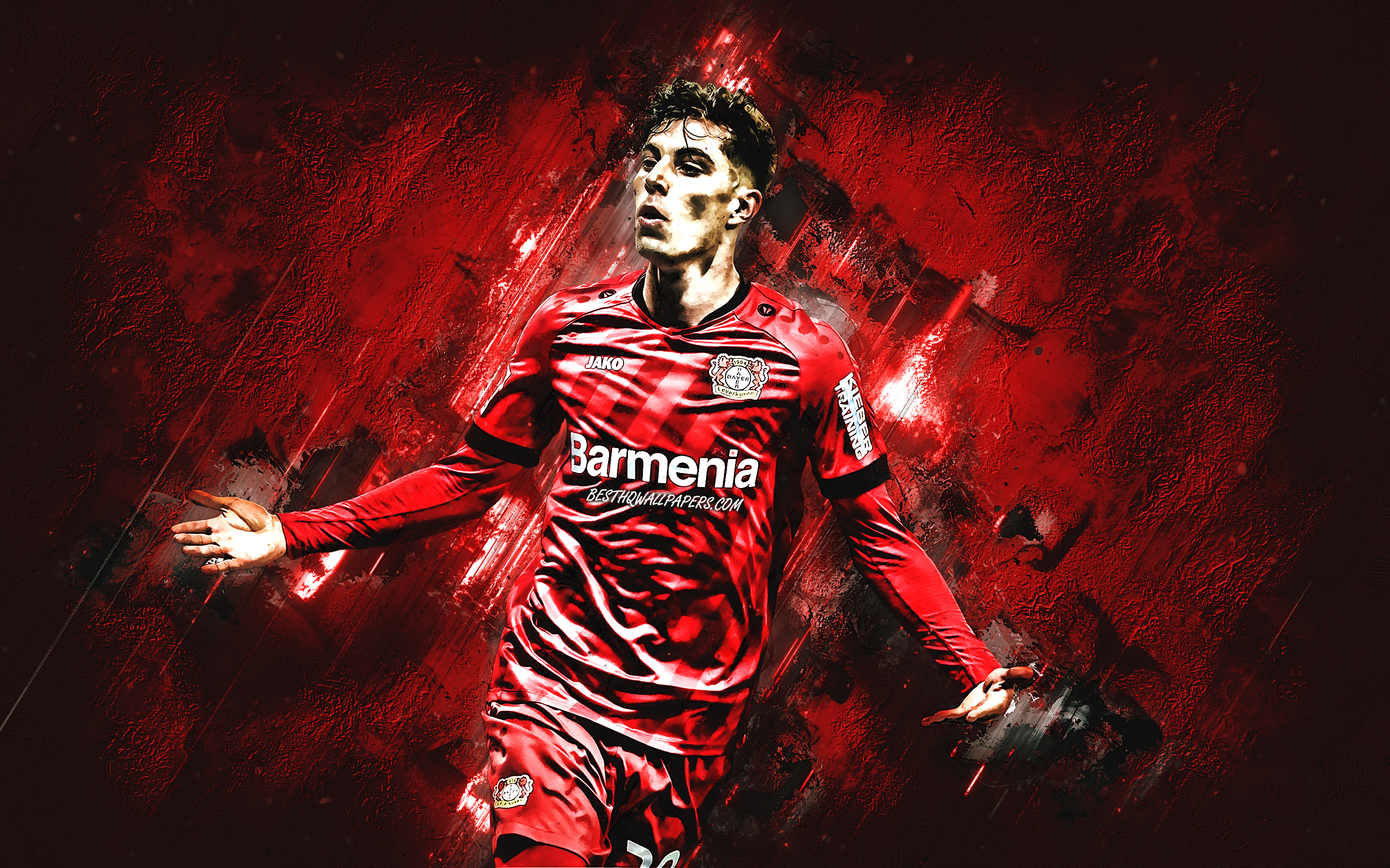 Download wallpaper Kai Havertz, Bayer 04 Leverkusen, German football player, midfielder, portrait, Bundesliga, Germany, football, red stone background for desktop with resolution 2880x1800. High Quality HD picture wallpaper