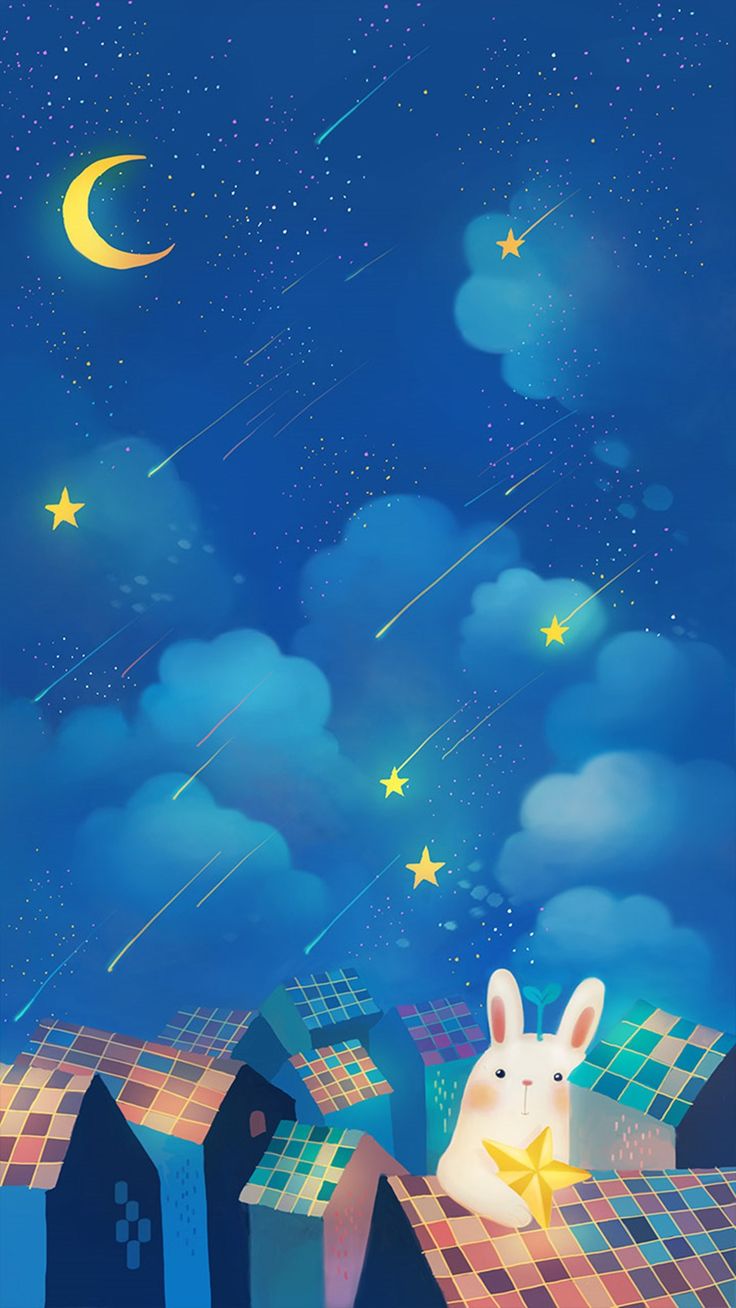 Romantic Night Moon Star Clouds Sky Rabbit House Top iPhone 6 wallpaper. Christmas aesthetic wallpaper, iPhone wallpaper moon, Anime wallpaper