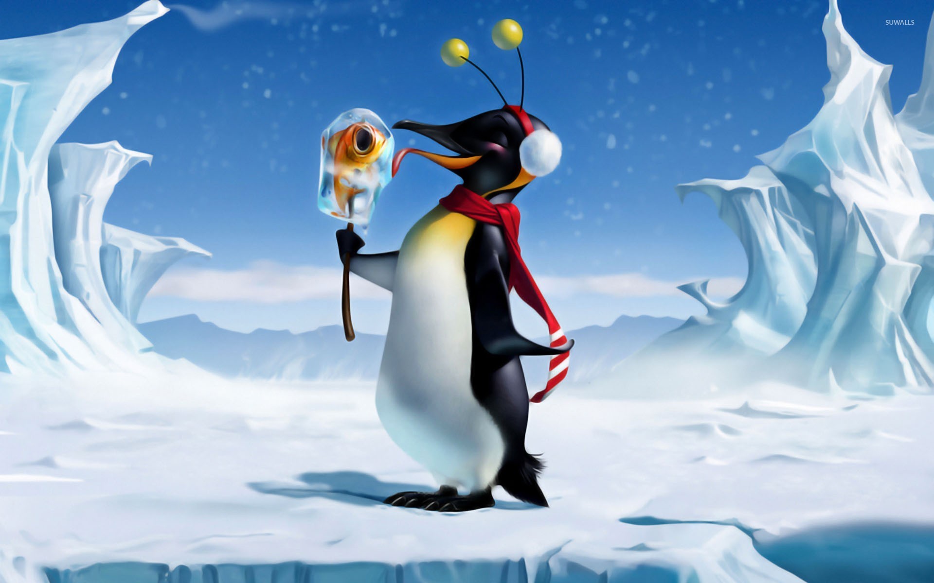Happy penguin with fish ice cream wallpaper wallpaper
