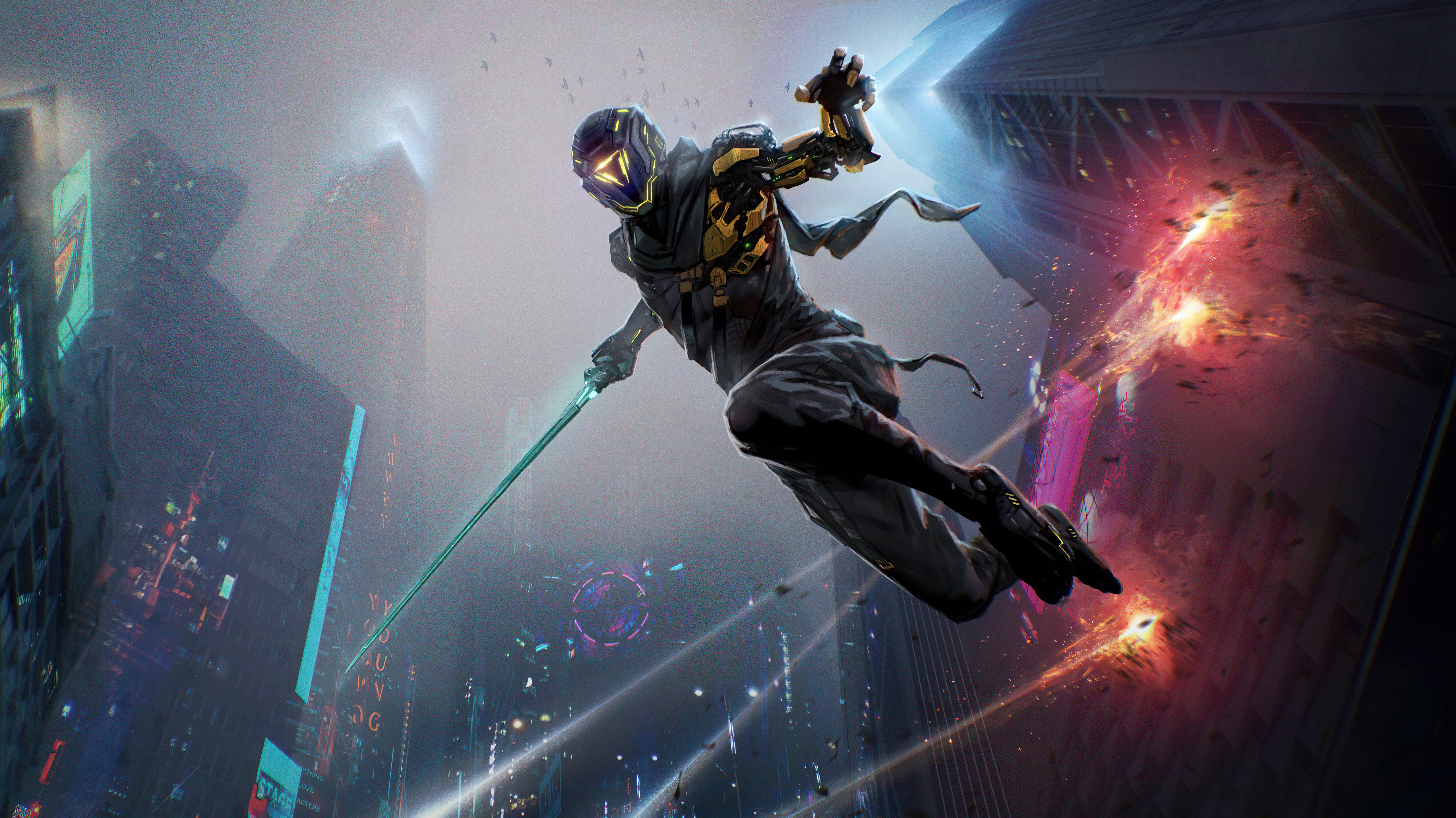 Wallpaper, Ghostrunner, video games, cyberpunk, science fiction, katana, weapon, futuristic, cyborg, Ninja, video game characters, neon lights, artwork, digital art, 2D, concept art, tower, jumping 5120x2880