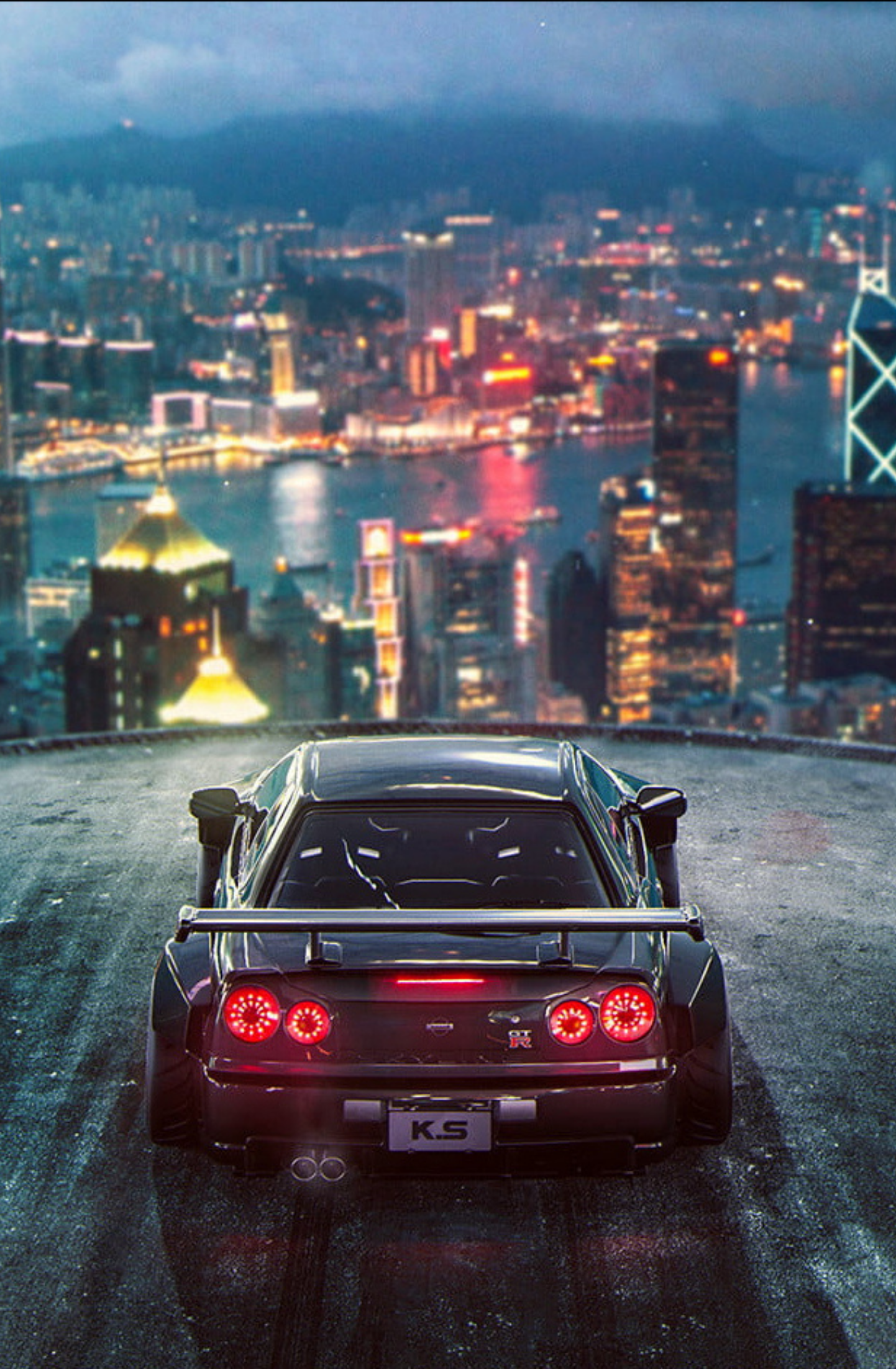 Black car 3D render city Nissan GTR wallpaper for phone