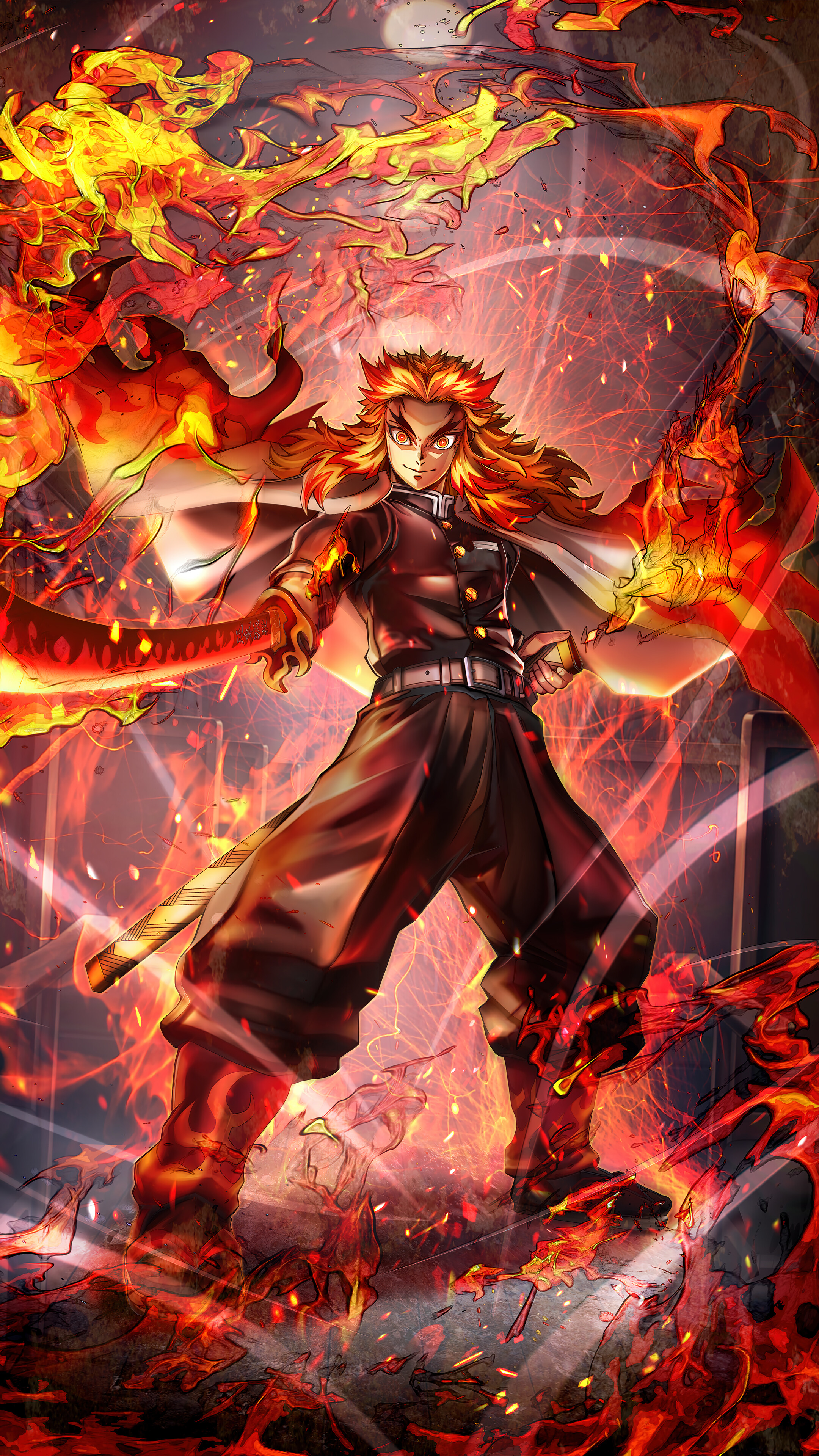 Demon Kyojuro Rengoku Wallpaper 4K Rengoku Katana Sword Flame Pillar Demon Slayer HD 4k Wallpaper 8 2046 rengoku • flame hashira • akaza • upper moon three