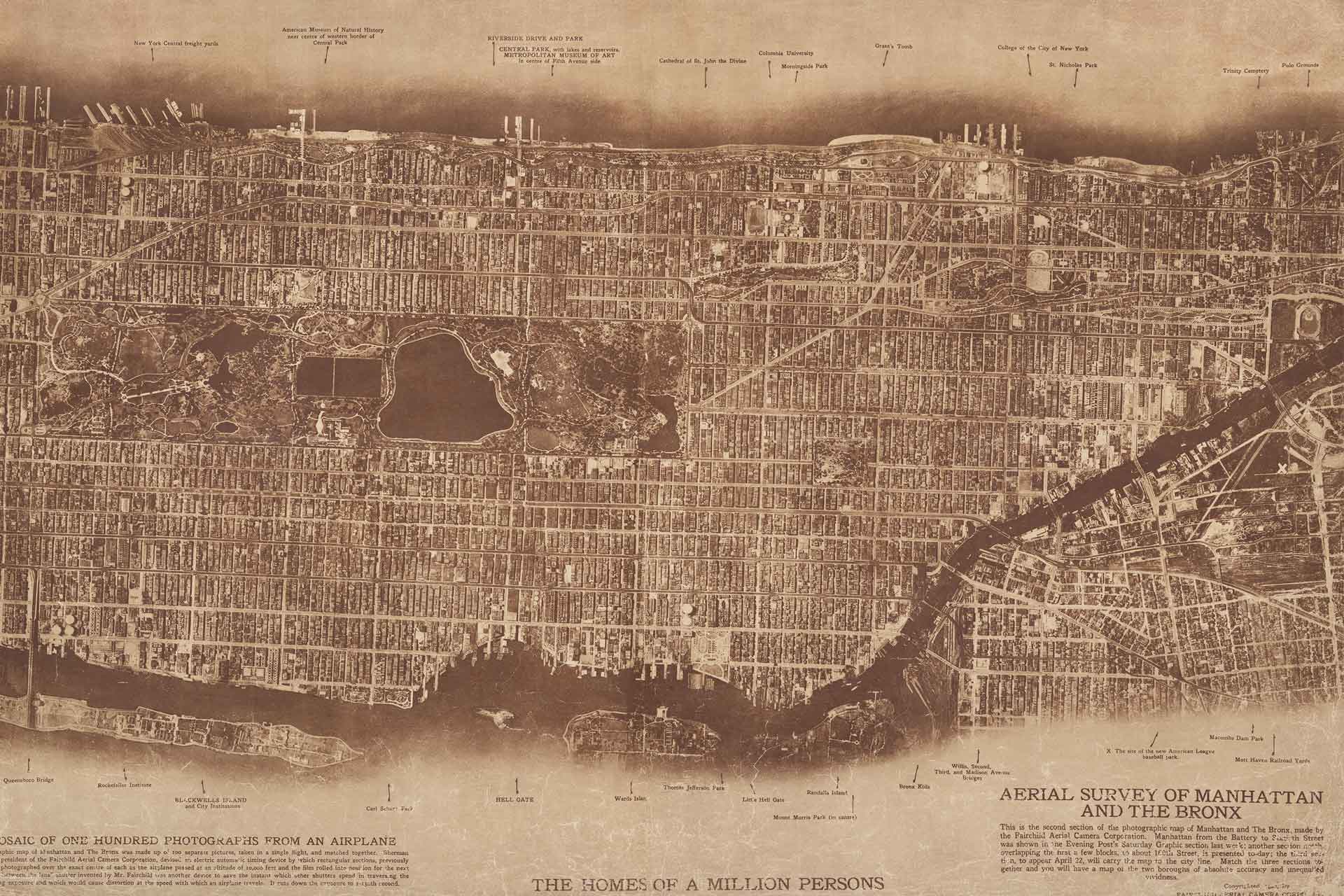 A wallpaper of a vintage map of New York City on old brown paper. Cara Saven Wall Design