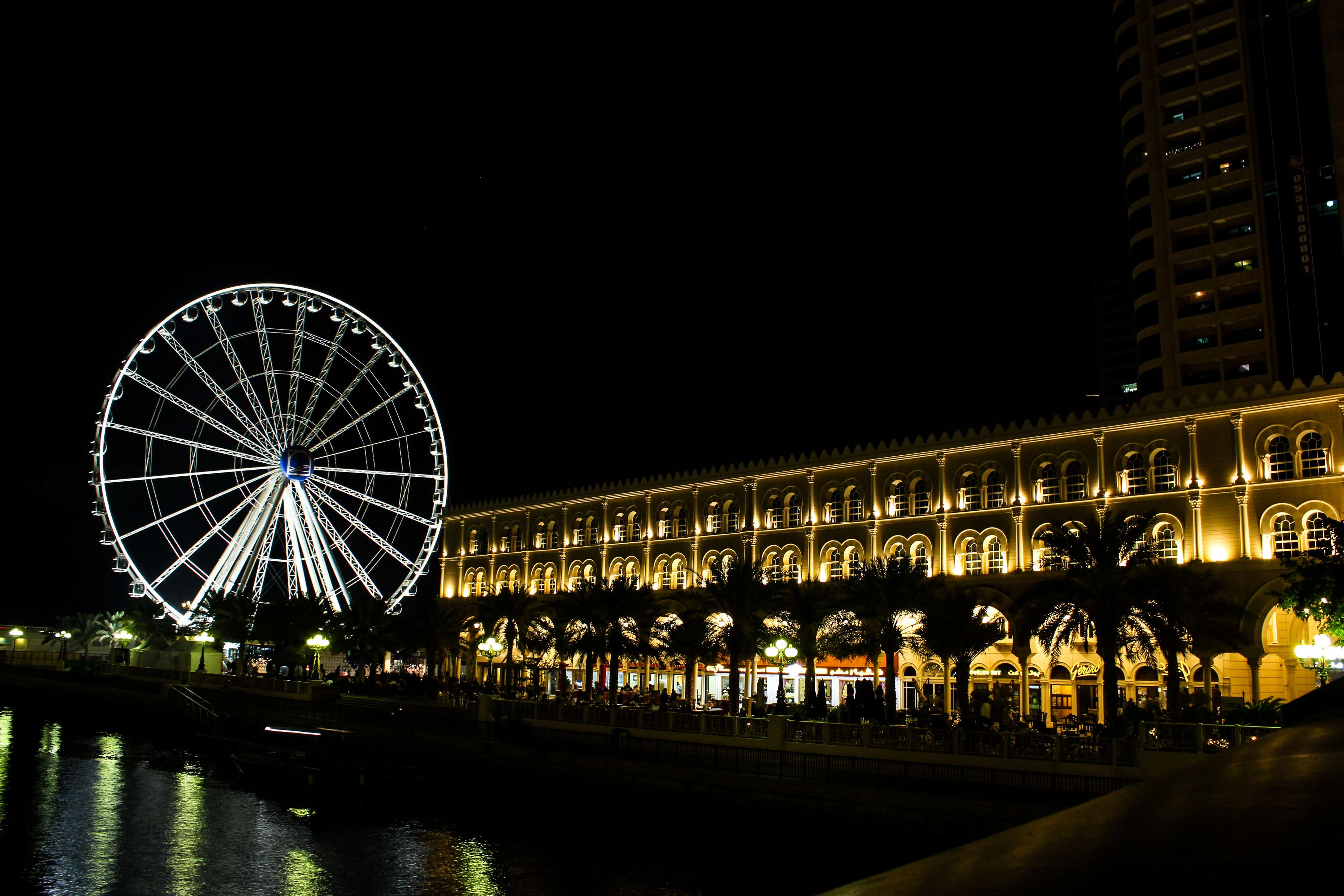 bright, bright colours, dubai, night life, night lights, sharjah 4k wallpaper
