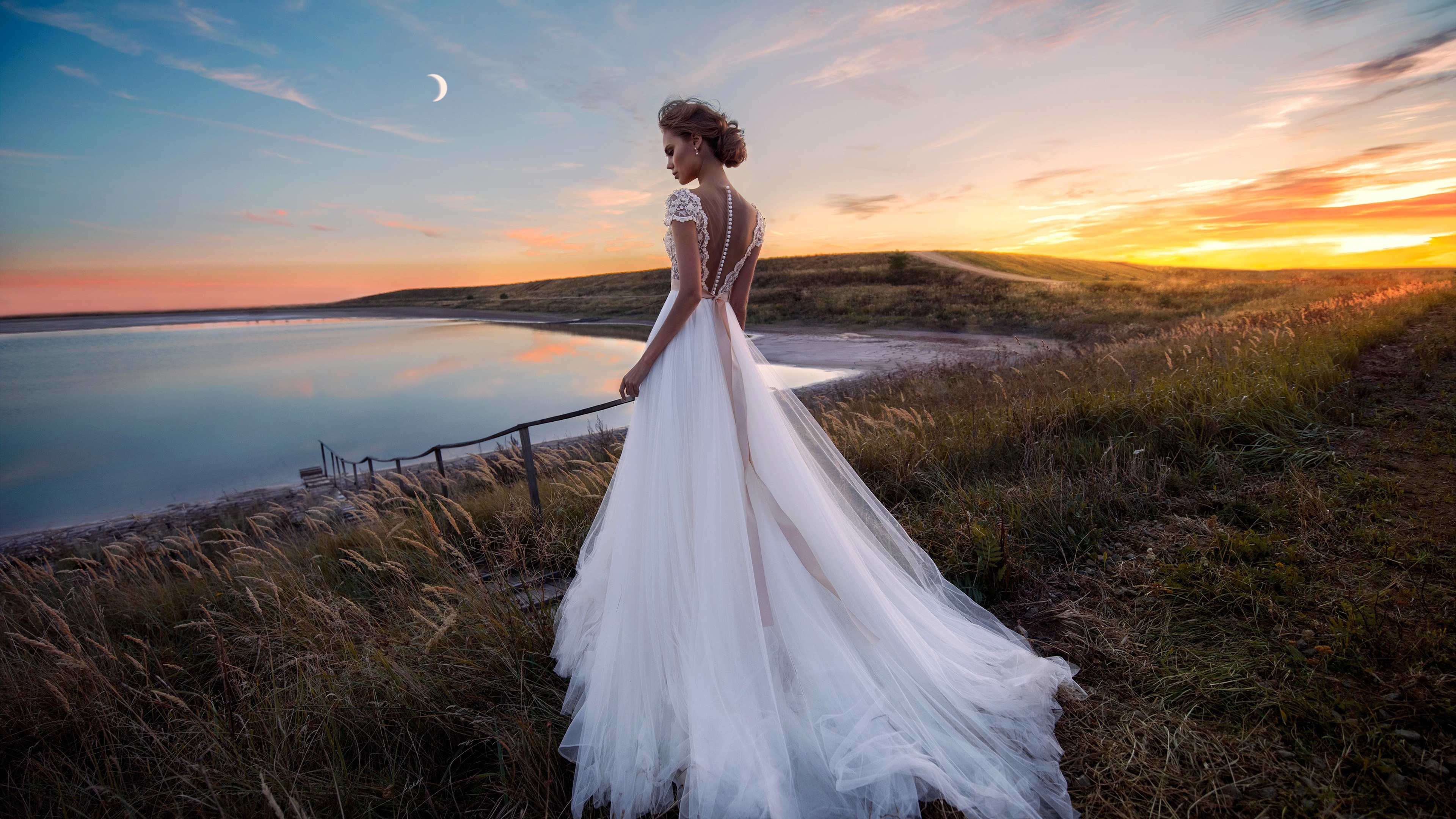 Wallpaper Beautiful bride, white skirt, grass, lake, moon, dusk 3840x2160 UHD 4K Picture, Image
