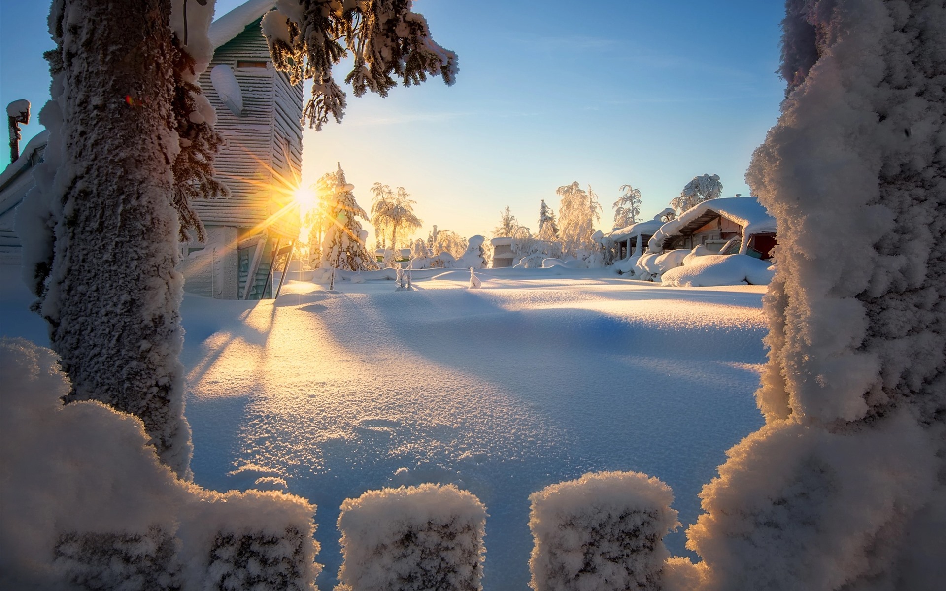 Wallpaper Winter, snow, houses, trees, sun rays 1920x1200 HD Picture, Image