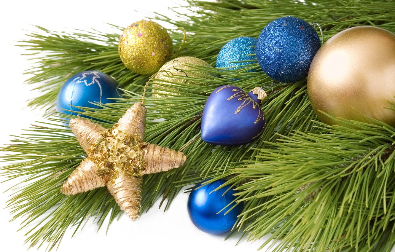 Wallpaper balls, decoration, balls, toys, star, tree, branch, New Year, Christmas, Christmas, blue, gold, holidays, New Year, Christmas image for desktop, section новый год