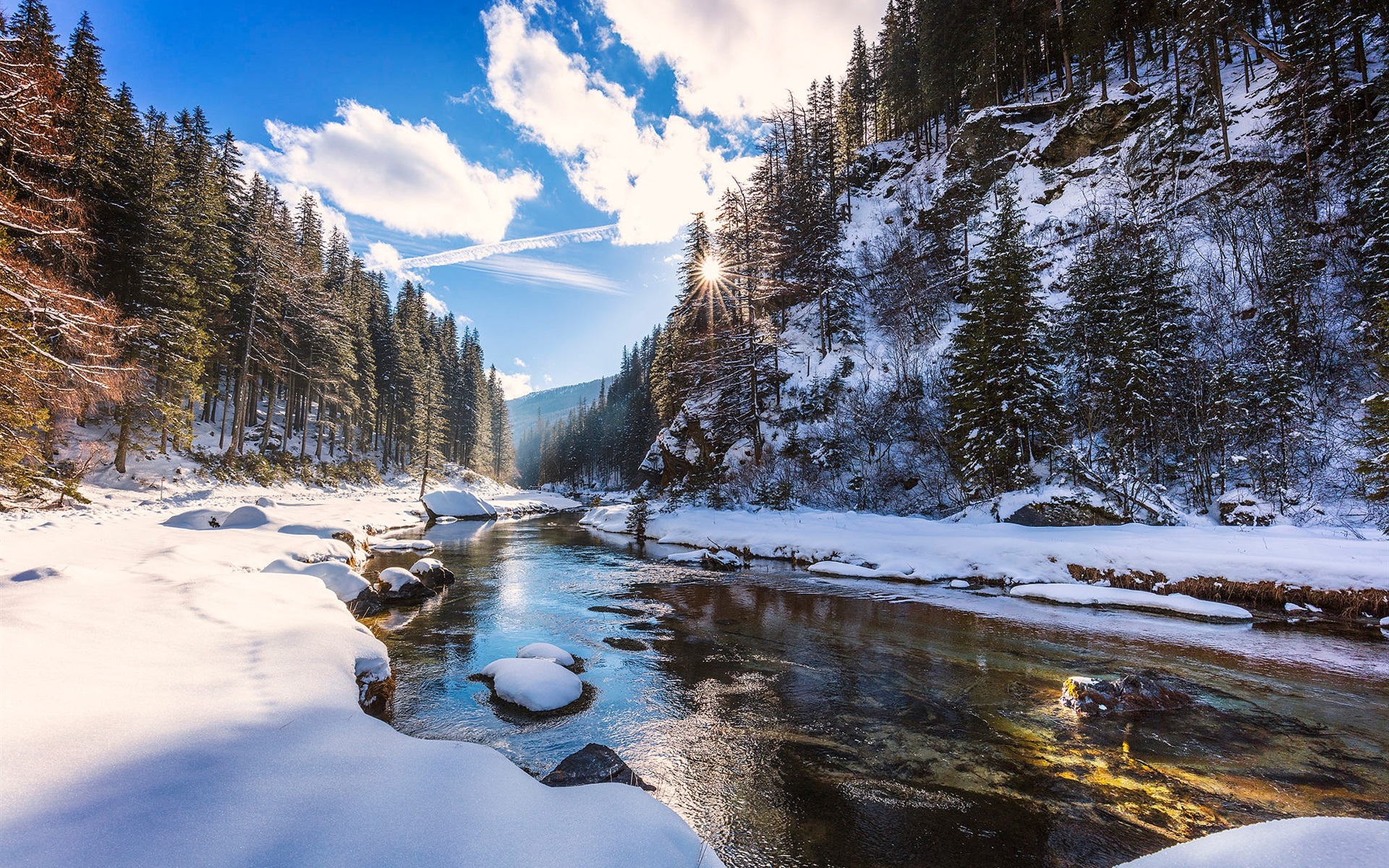 Wallpaper Snow, river, trees, sun rays, winter 1920x1200 HD Picture, Image
