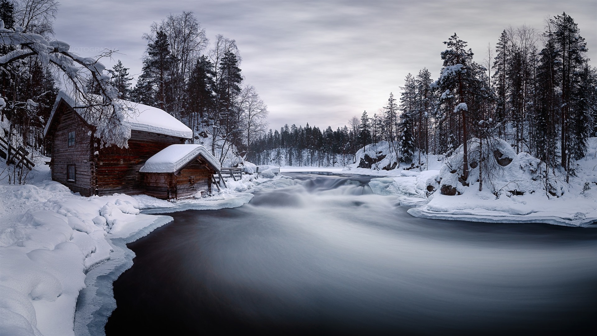 Wallpaper Winter, snow, river, house, trees 1920x1080 Full HD 2K Picture, Image