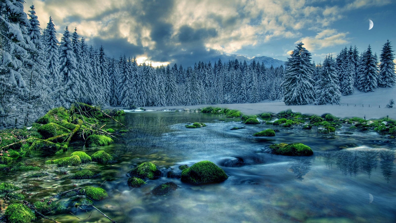 Wallpaper Winter landscape, river, forest, trees, sky, clouds, snow 1920x1200 HD Picture, Image
