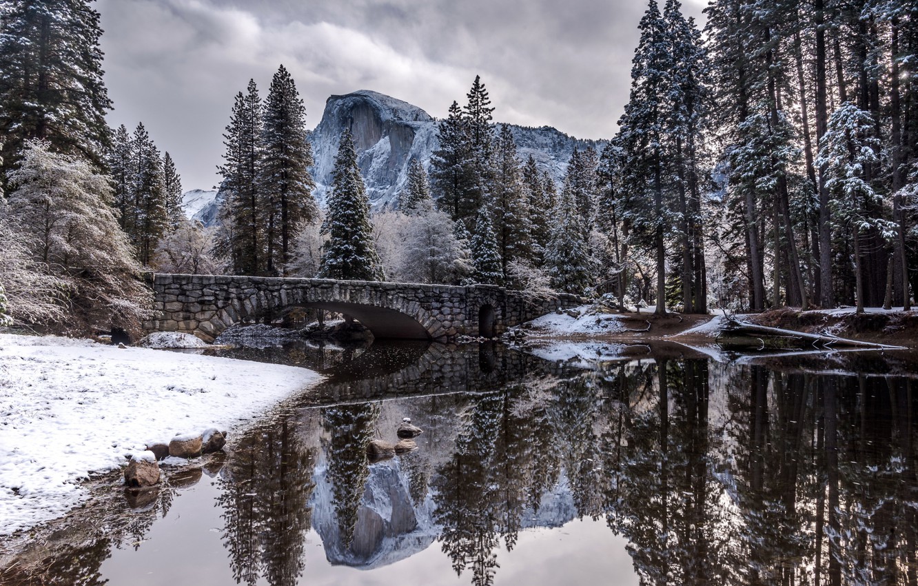 Wallpaper Nature, Winter, Landscape, Bridge, Snow, River, Trees image for desktop, section природа