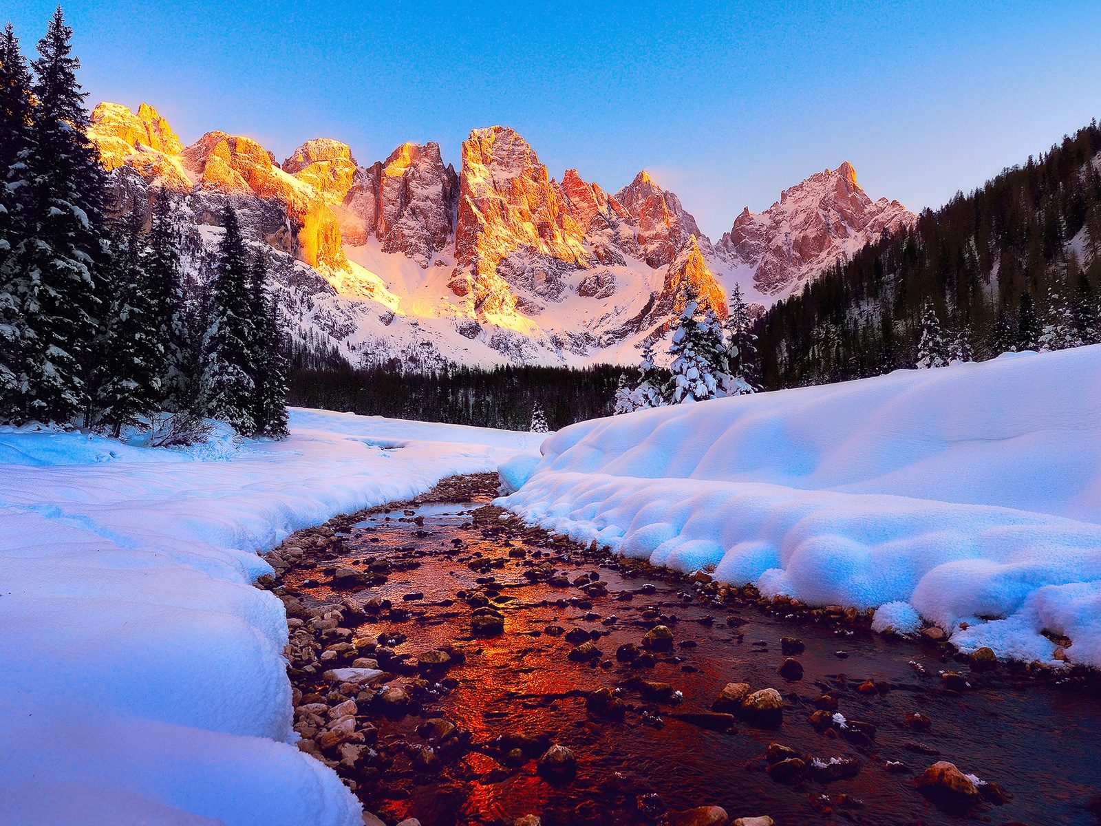 Dolomites Mountain Peaks In Italy Sunrise Winter Snow River Forest Pine Trees Blue Sky HD Desktop Wallpaper 1920x1200, Wallpaper13.com