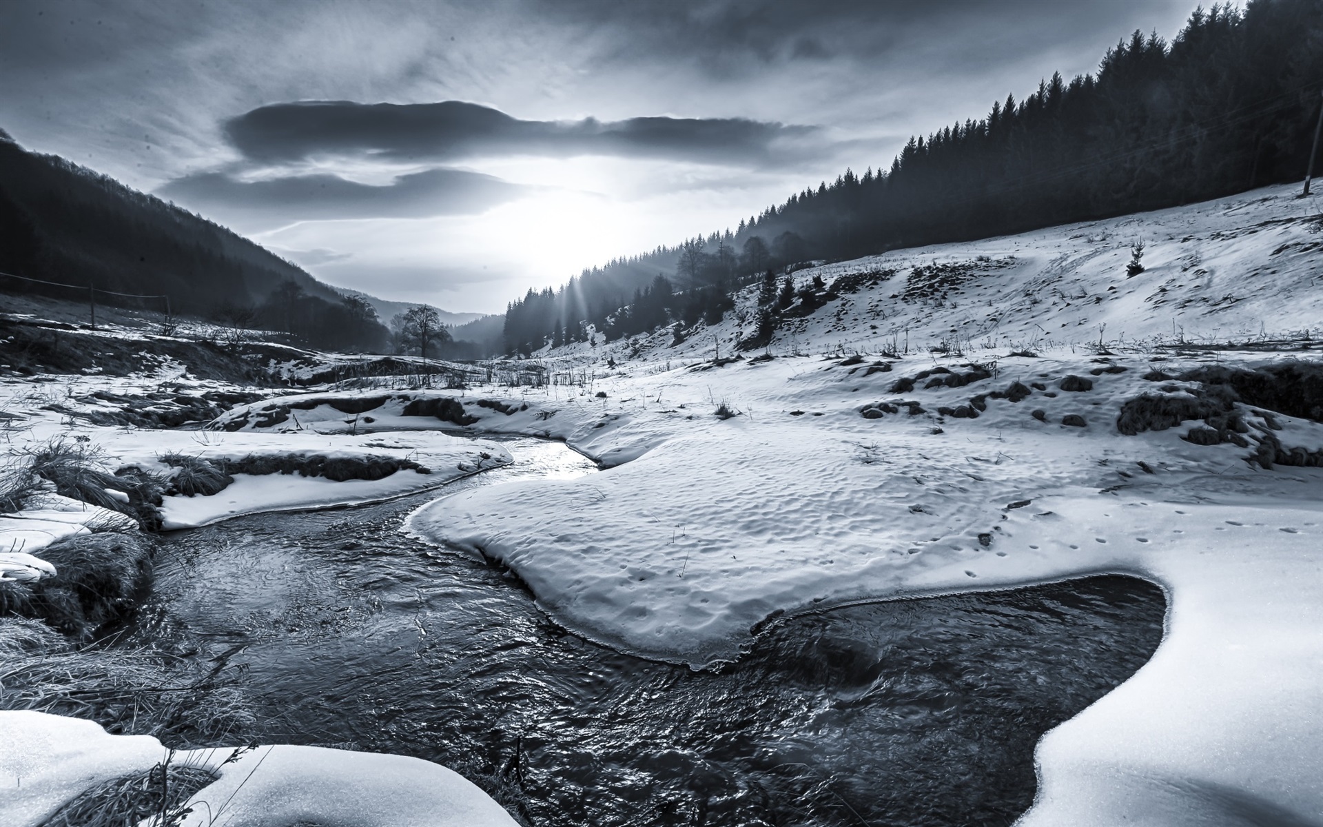 Wallpaper Winter, Snow, River, Trees, Sun Rays, Black Sun Black And White