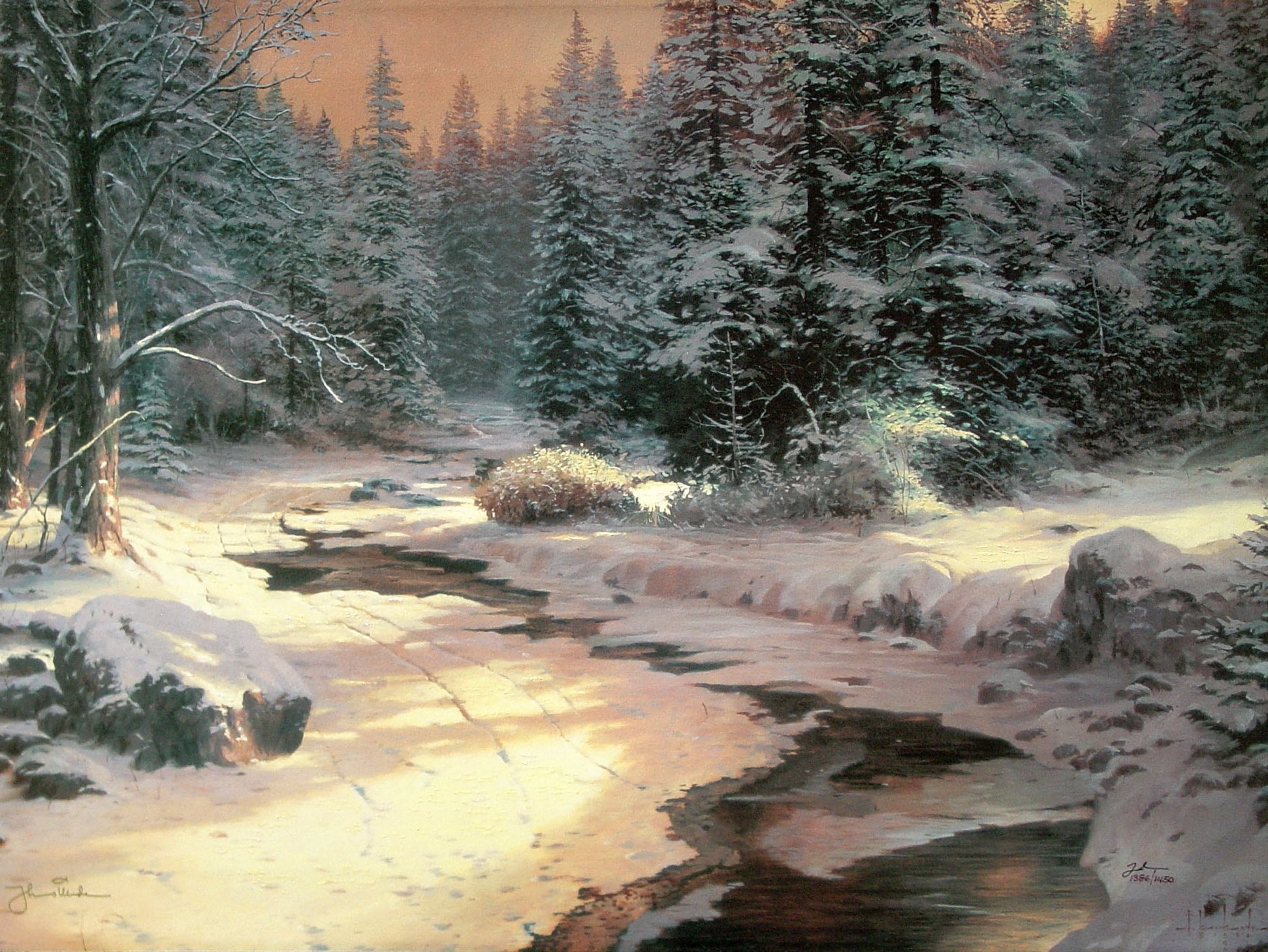 Landscape, Painting, Art, Winter, Snow, River wallpaper
