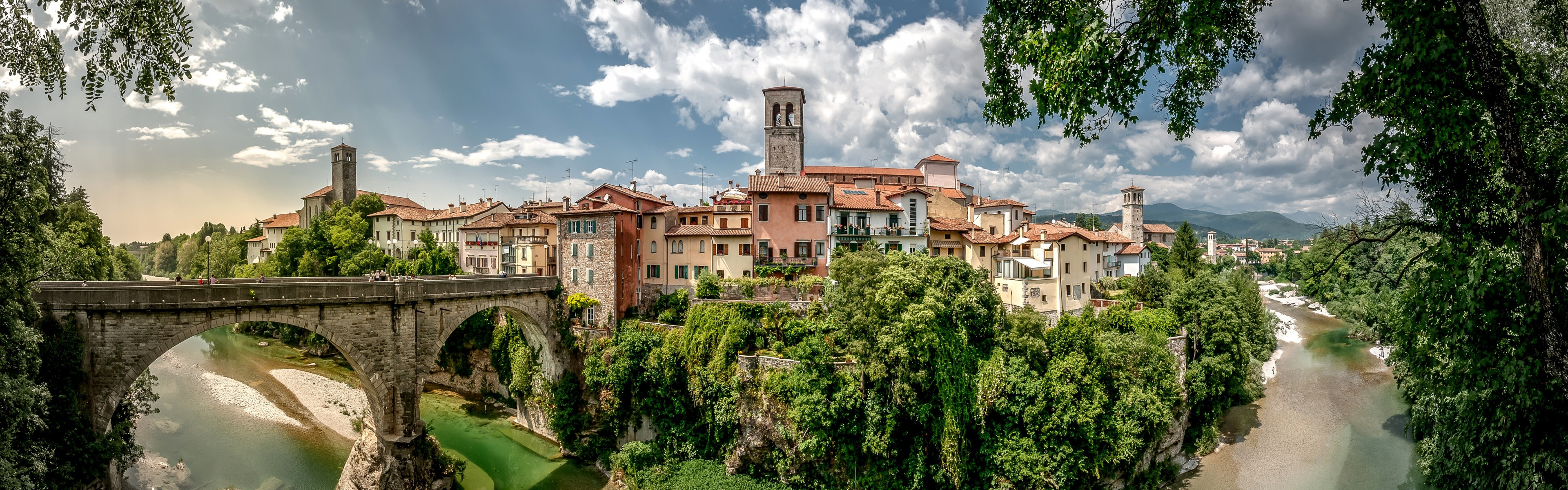 Download 3840x1200 Italy, Cividale Del Friuli, Buildings, Sky, Panoramic, Bridge, River Wallpaper