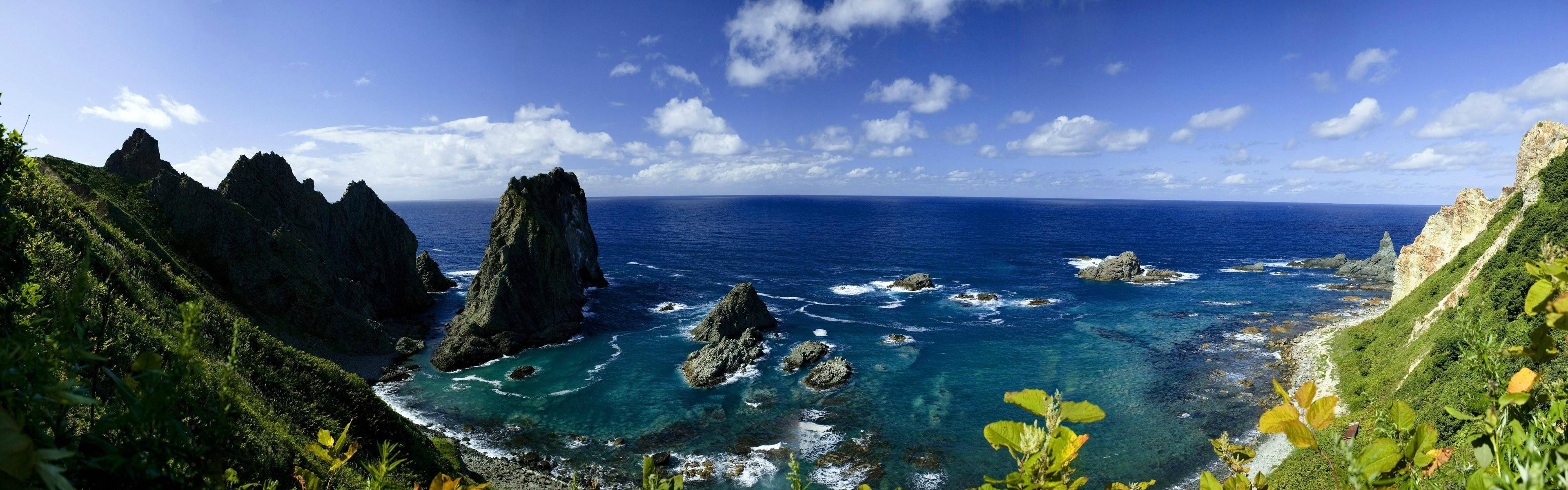 Wallpaper, sea, bay, water, rock, sky, beach, Tourism, coast, cliff, panorama, cape, multiple display, mount scenery, nature reserve, Formation, Terrain, mountain, ocean, watercourse, cove, 3840x1200 px, computer wallpaper, stack, klippe, promontory