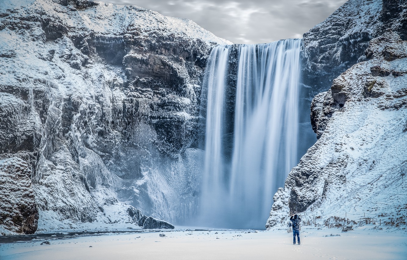 Wallpaper ice, Winter, river, landscape, nature, water, mountains, rocks, snow, man, waterfall, Iceland, Skogafoss waterfall image for desktop, section пейзажи