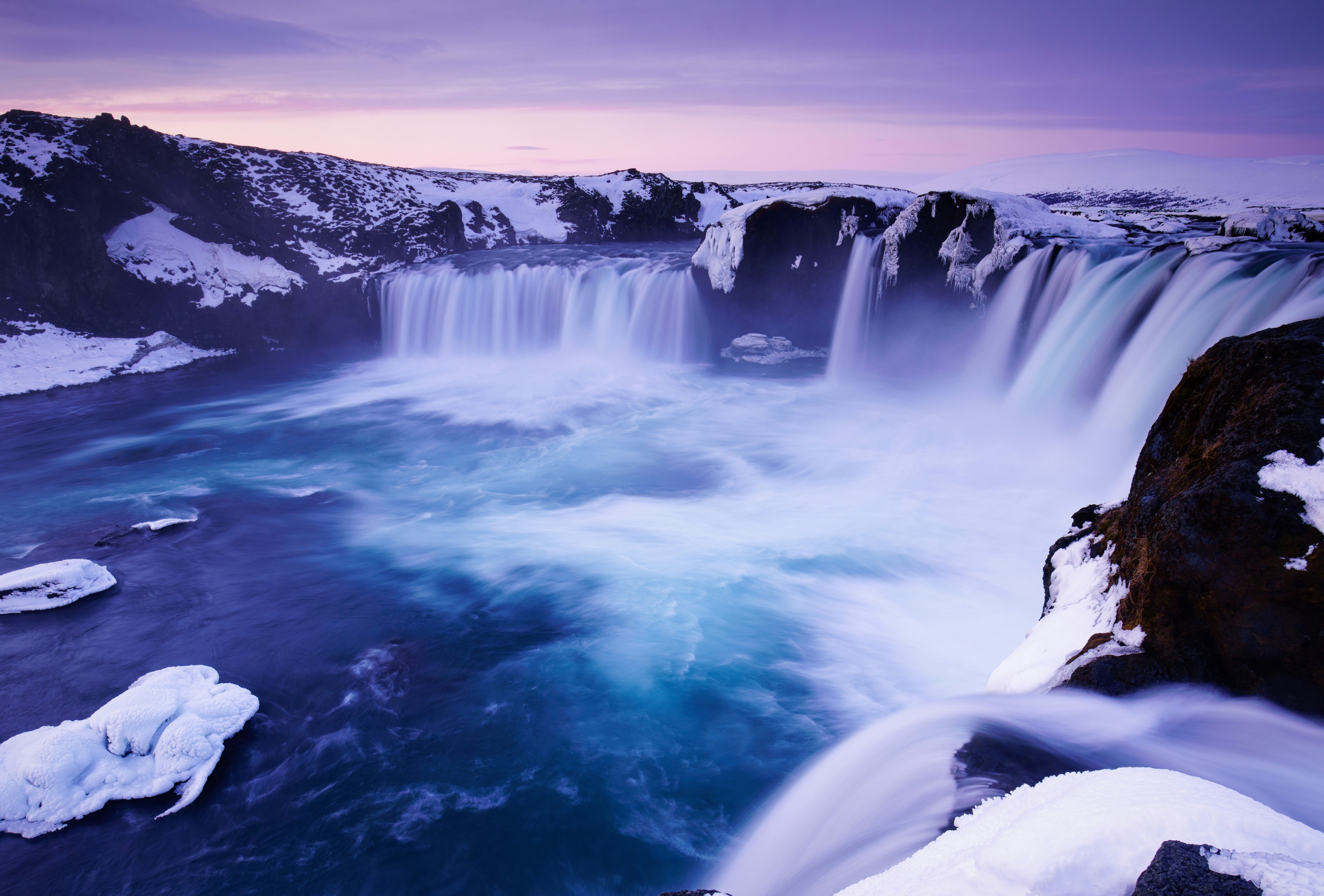 Download 5697x3858 Iceland Godafoss, Waterfall, Scenic, Pretty, Snow, Winter Wallpaper