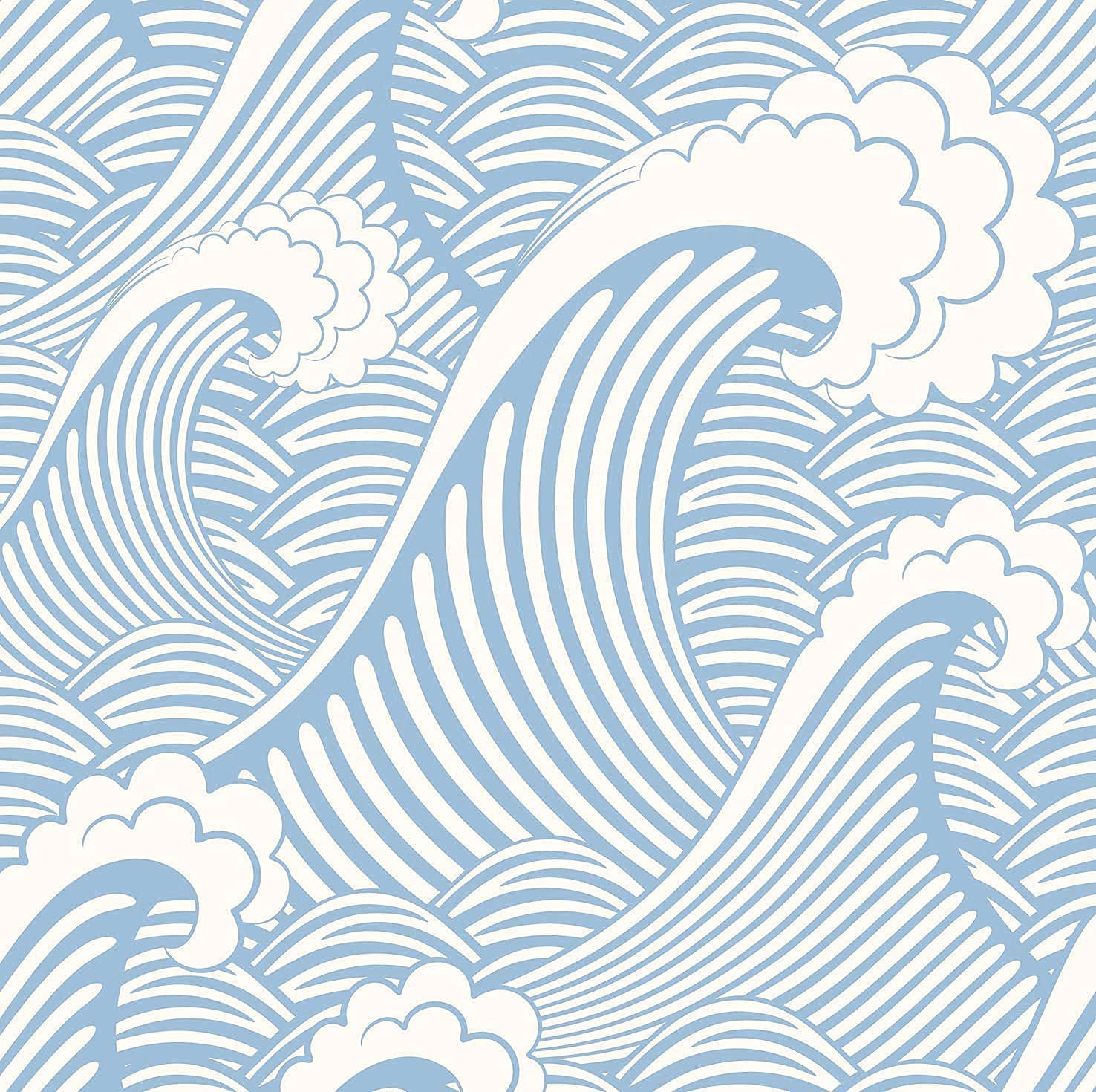 Blooming Wall CPS030 Peel&Stick Handpainting Seamless Blue White Waves Sea Sprays Self Adhesive Prepasted Wallpaper Wall Mural (17.7“x236”)