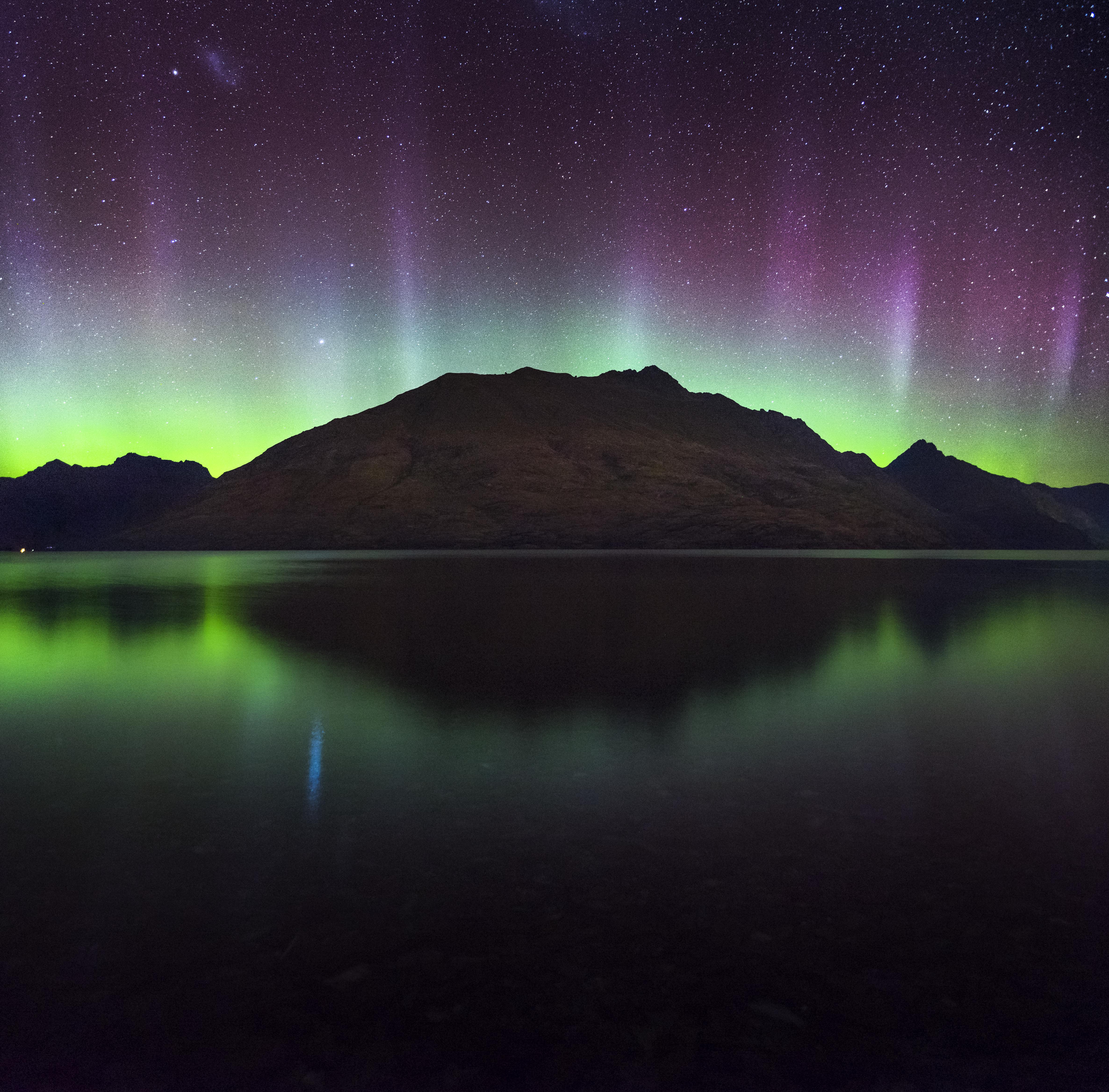 Queenstown, Aurora, Southern lights, Reflections, New Zealand, Cecil Peak, 4K, Landscape