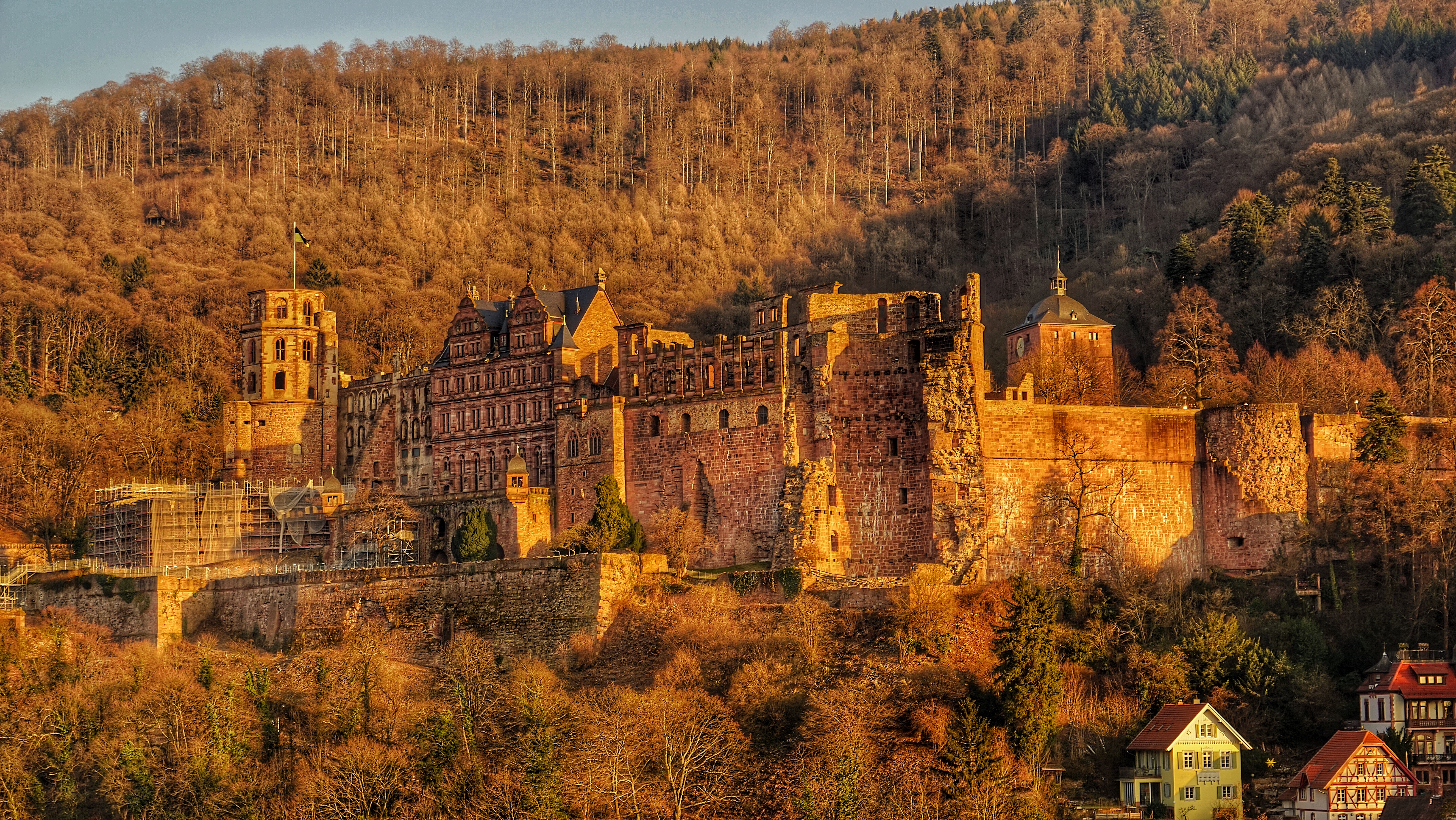 Wallpaper, landscape, city, nature, building, sky, winter, village, evening, castle, Germany, ruins, chateau, Heidelberg, tree, autumn, leaf, deutschland, ancient history, historic site, middle ages, fortification, schloss, badenwurttemberg, medieval