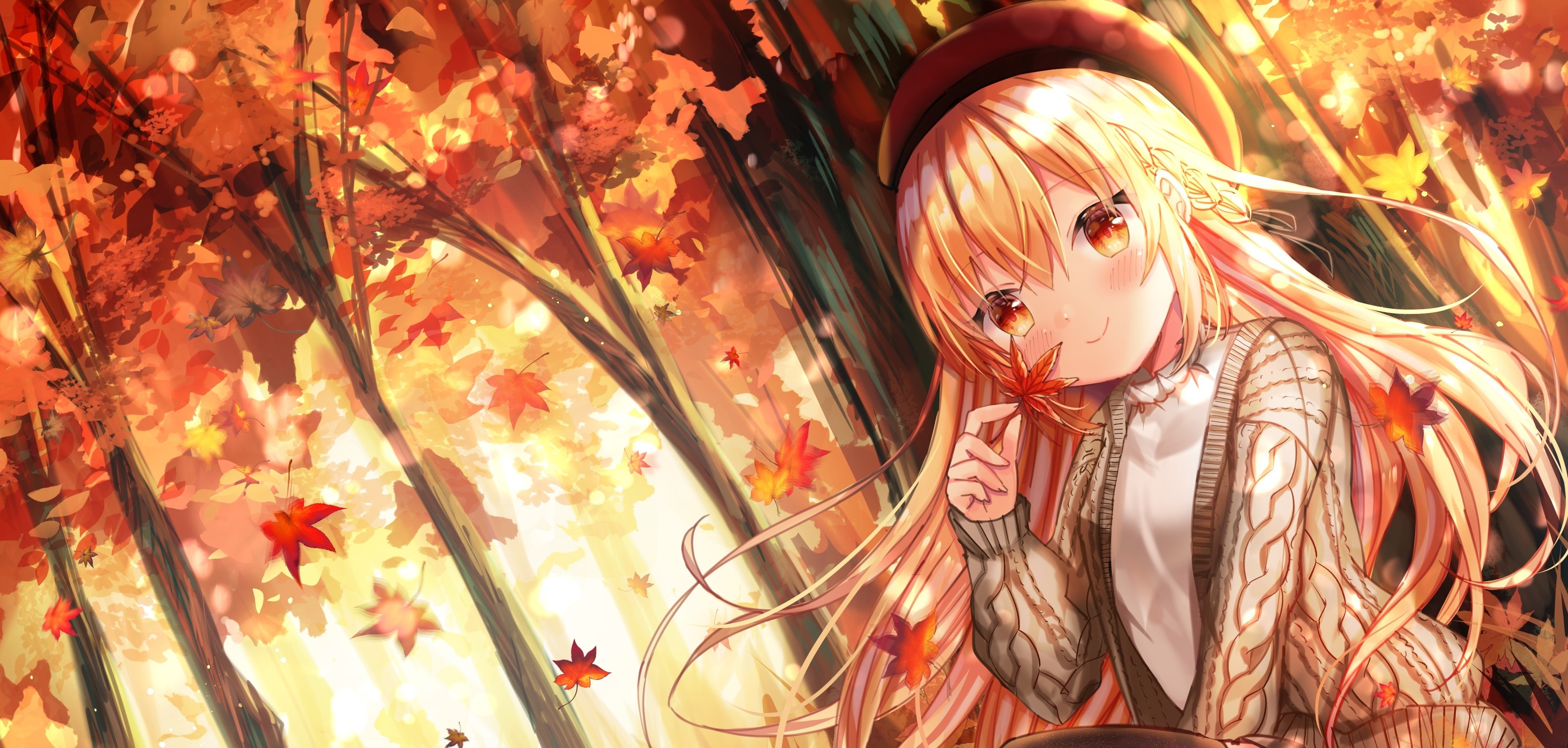 Wallpaper Cute, Fall, Trees, Pretty Anime Girl, Smiling, Sitting, Autumn:4066x1940