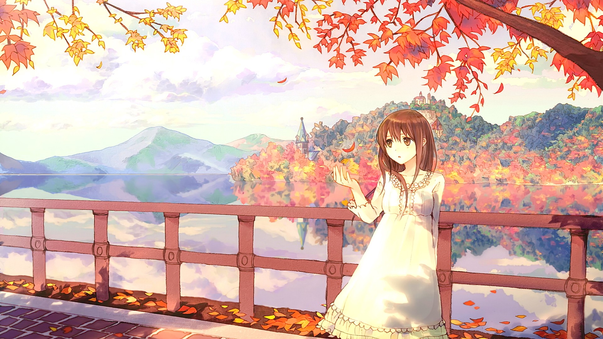Wallpaper, fall, illustration, mountains, looking away, anime girls, short hair, brunette, open mouth, sky, clouds, brown eyes, original characters, autumn, flower, season 1920x1080