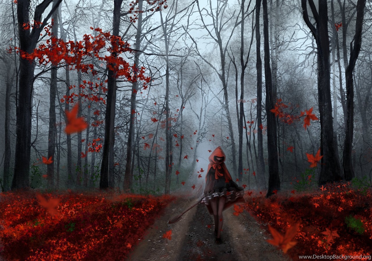 Anime Girl Forest Autumn Tree Red Leaf Road Wallpaper Desktop Background