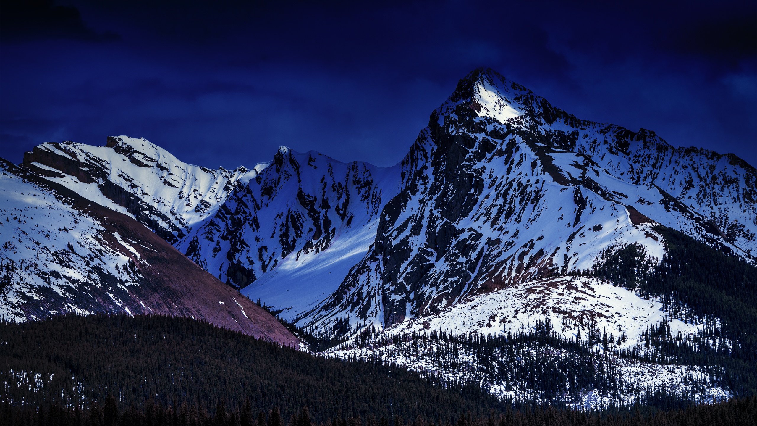 Glacier mountains Wallpaper 4K, Snow covered, Dark Sky, Green Trees, Nature