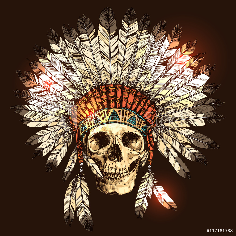 Hand Drawn Native American Indian Headdress With Human Skull Vector Color Illustration Of Indian Tribal Chief Feather Hat And Skull Wall Mural Alexrockheart