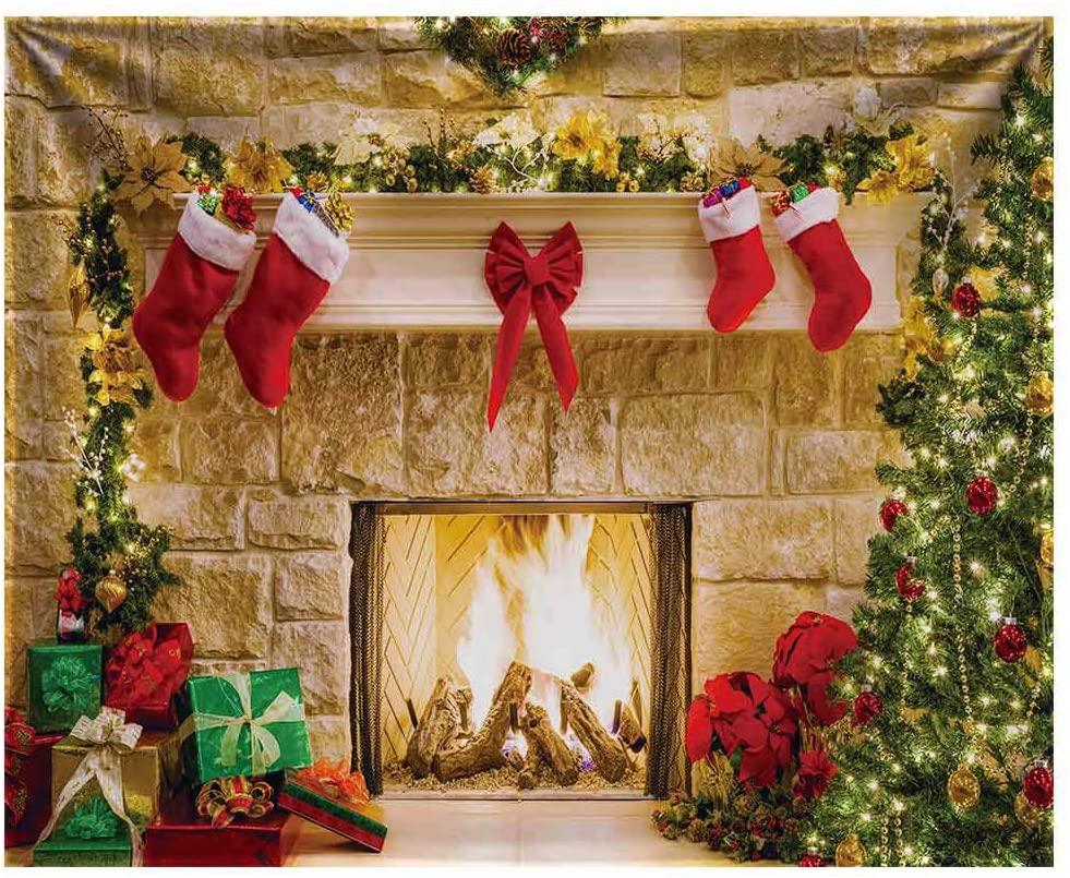 Funnytree 10x8ft Durable Christmas Fireplace Backdrop No Wrinkles Fabric Interior Vintage Xmas Tree Stockings Photography Background Portrait Photobooth Party Banner Decorations Photo Studio Props, Home & Kitchen